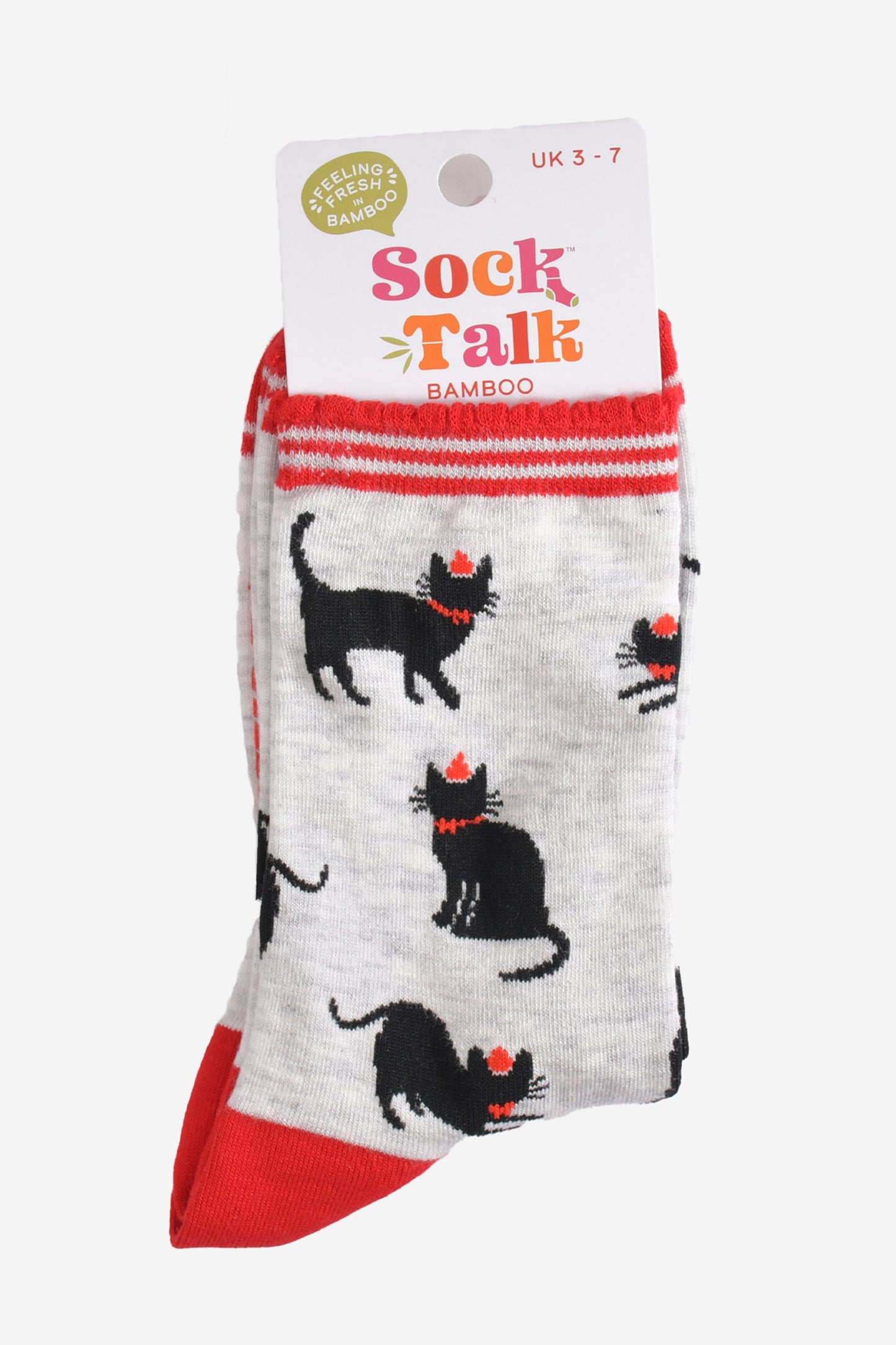 black party cat bamboo socks in their sock talk packaging, these socks are a uk size 3-7