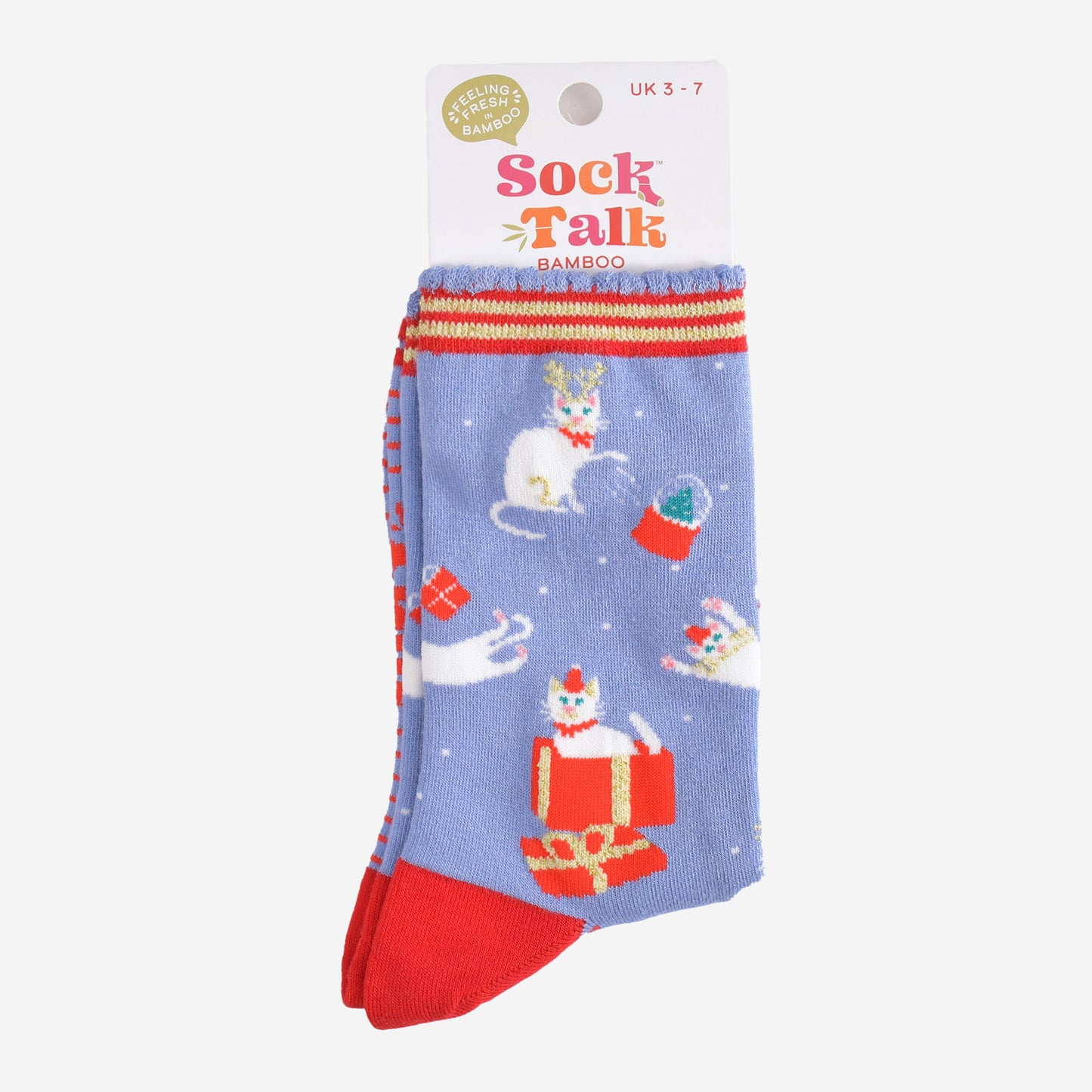 christmas cat bamboo socks in their sock talk packaging, these socks are a uk size 3-7