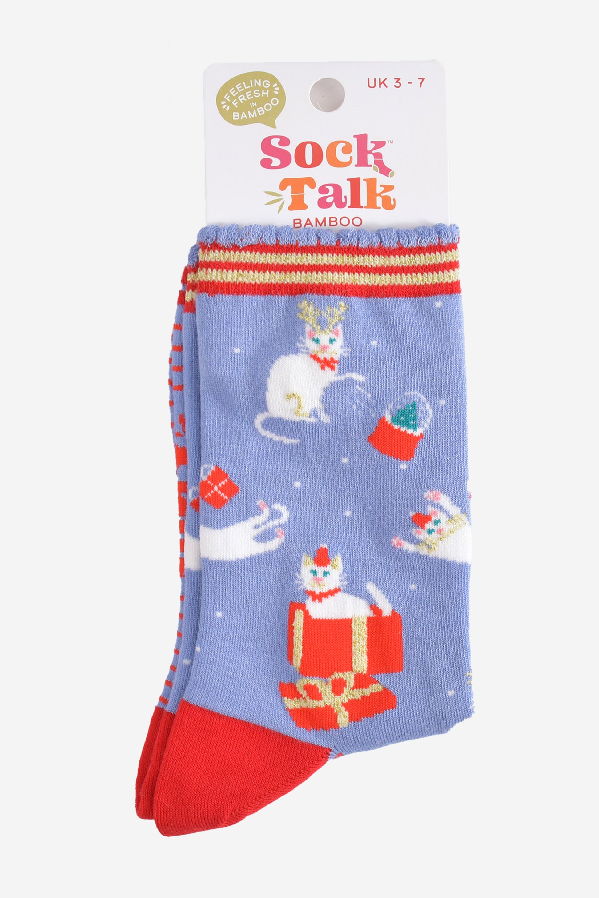 christmas cat bamboo socks in their sock talk packaging, these socks are a uk size 3-7