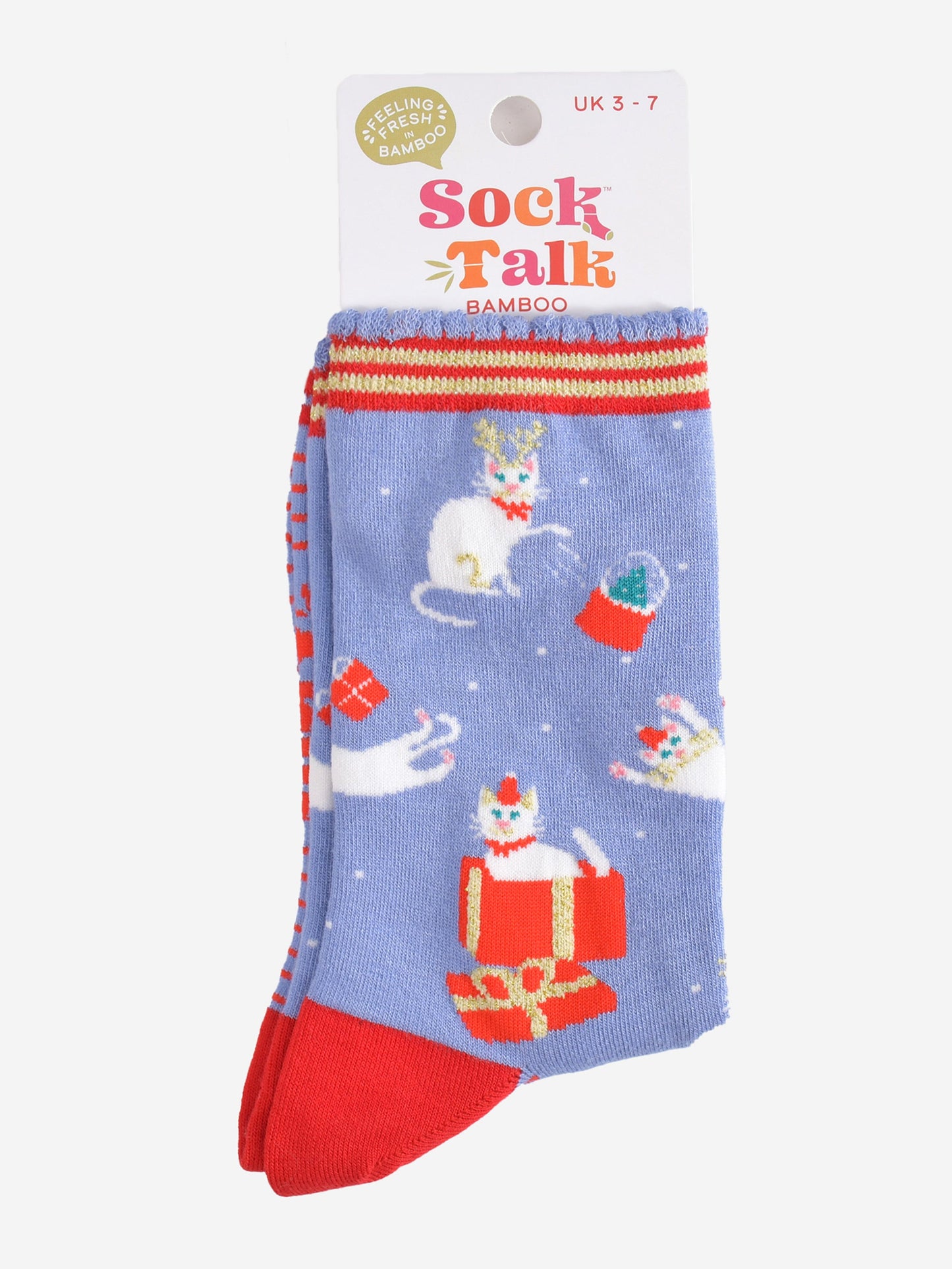 christmas cat bamboo socks in their sock talk packaging, these socks are a uk size 3-7