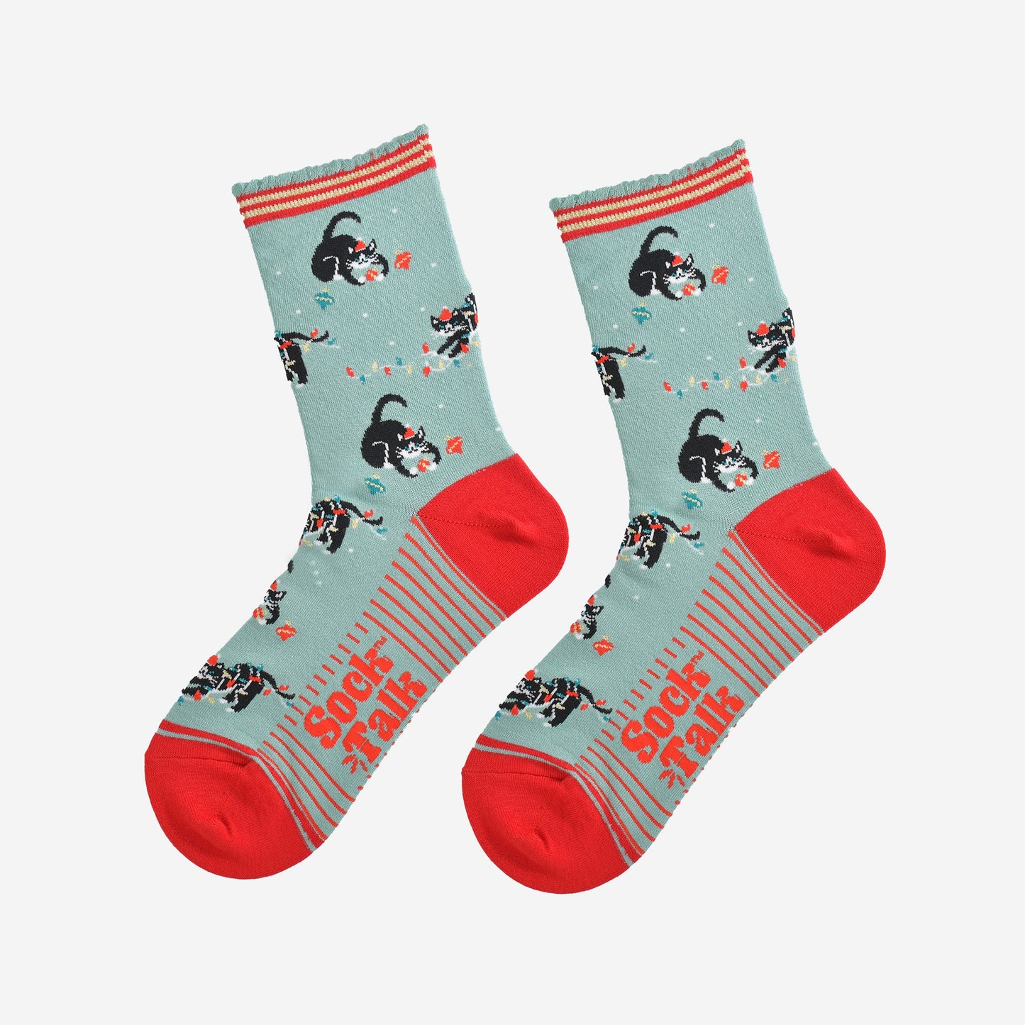 Women's Bamboo Socks - Mint Green/Red, Christmas Cats