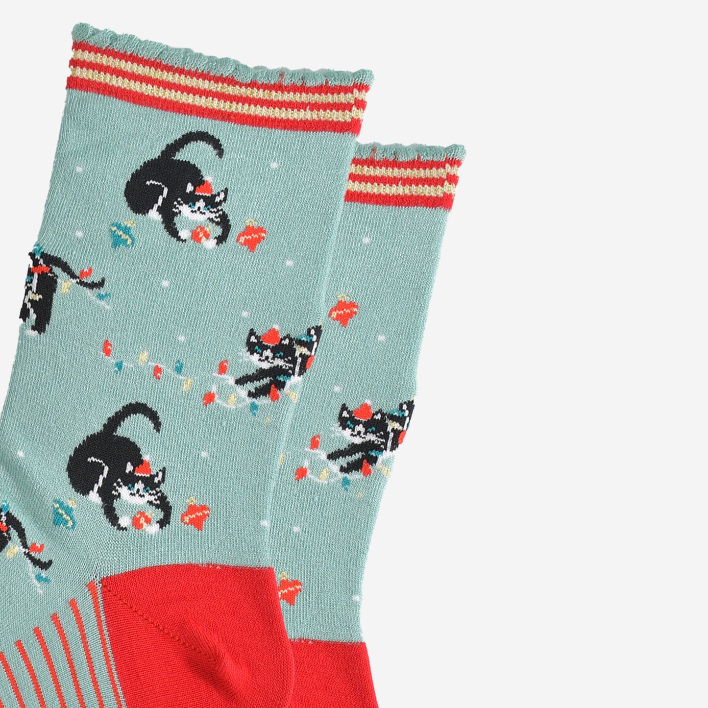 Women's Bamboo Socks - Mint Green/Red, Christmas Cats