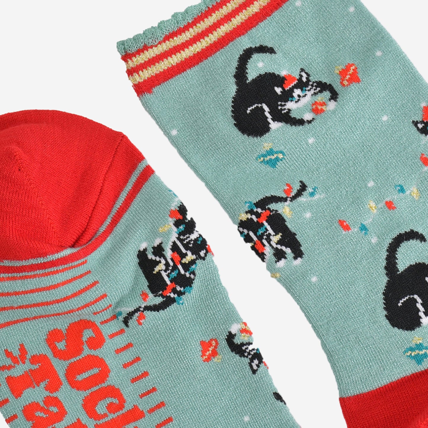 Women's Bamboo Socks - Mint Green/Red, Christmas Cats