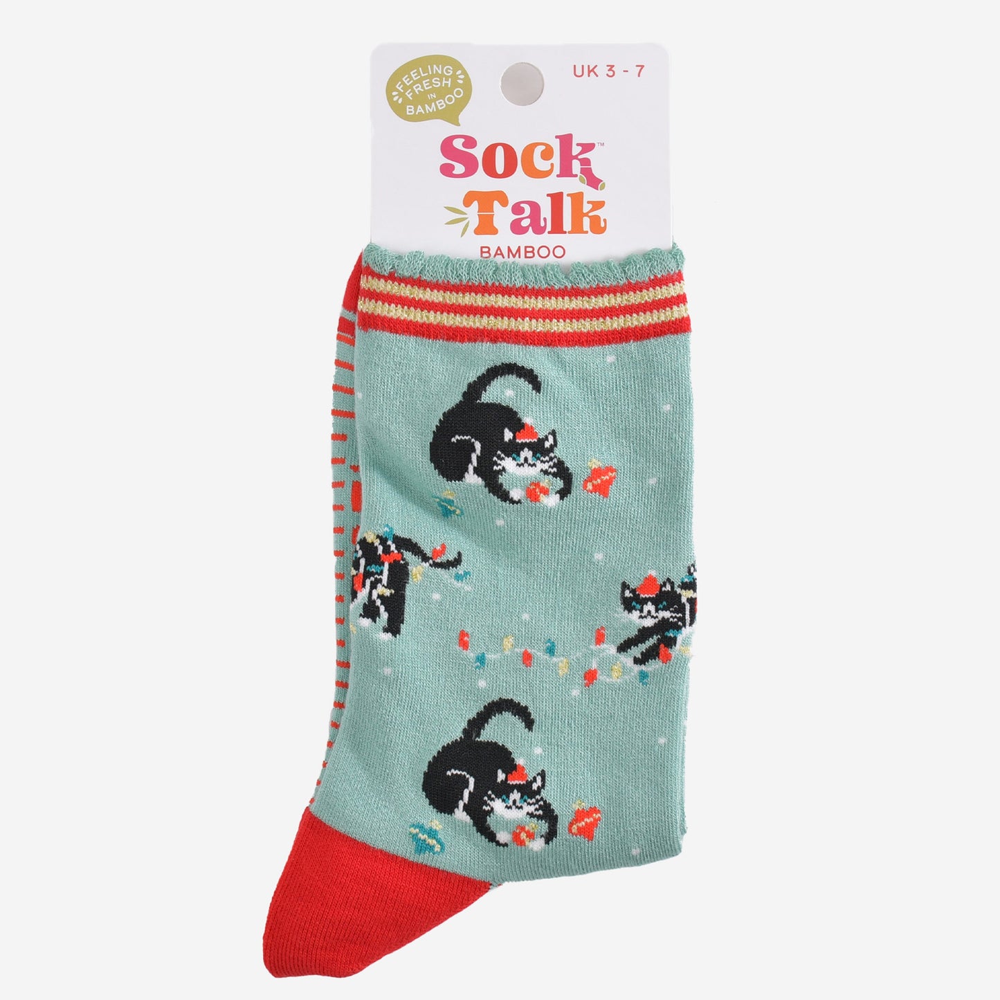 Women's Bamboo Socks - Mint Green/Red, Christmas Cats