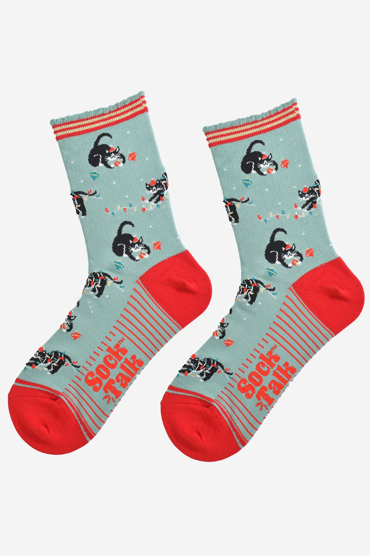 Women's Bamboo Socks - Mint Green/Red, Christmas Cats