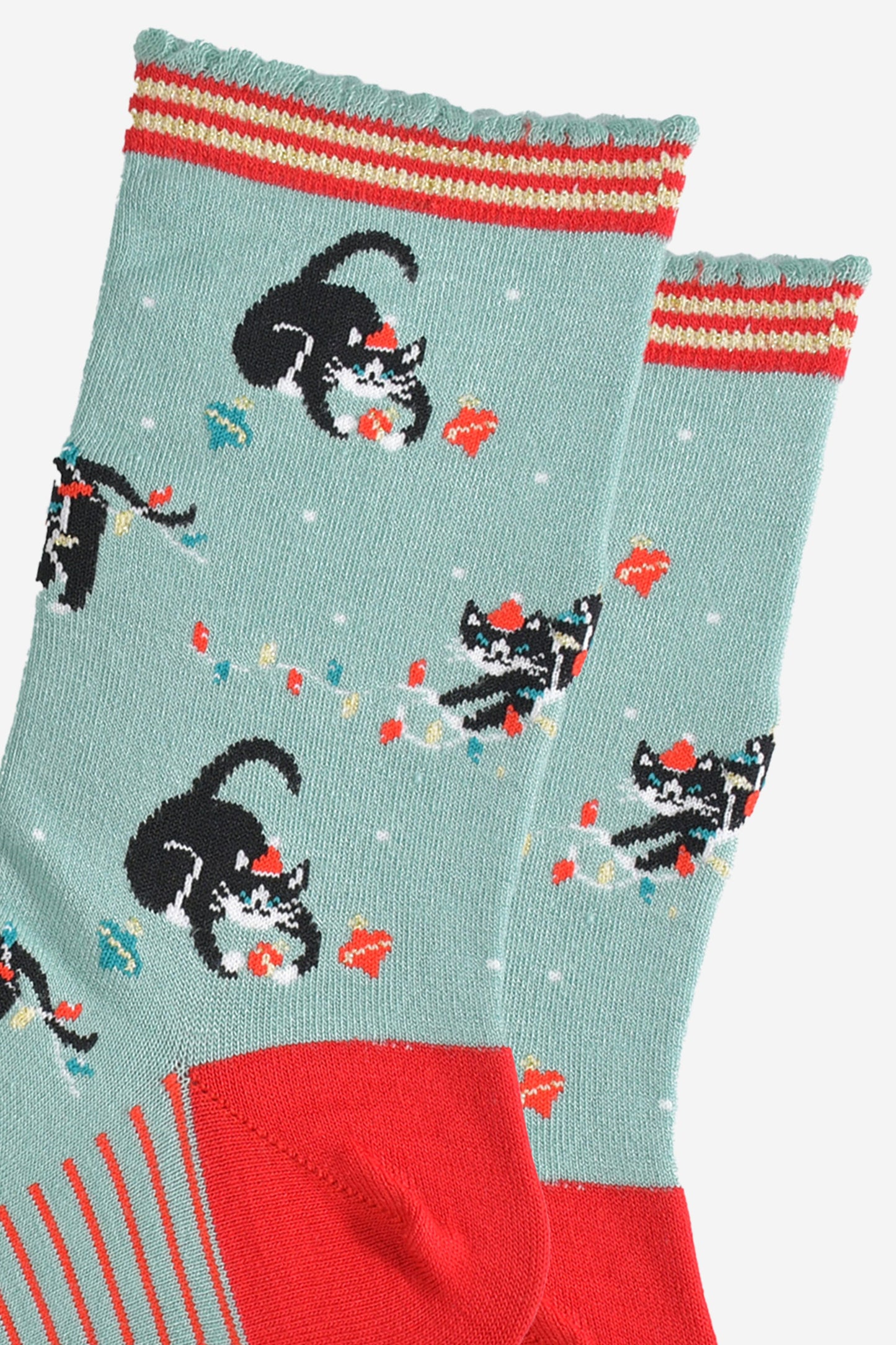 Women's Bamboo Socks - Mint Green/Red, Christmas Cats