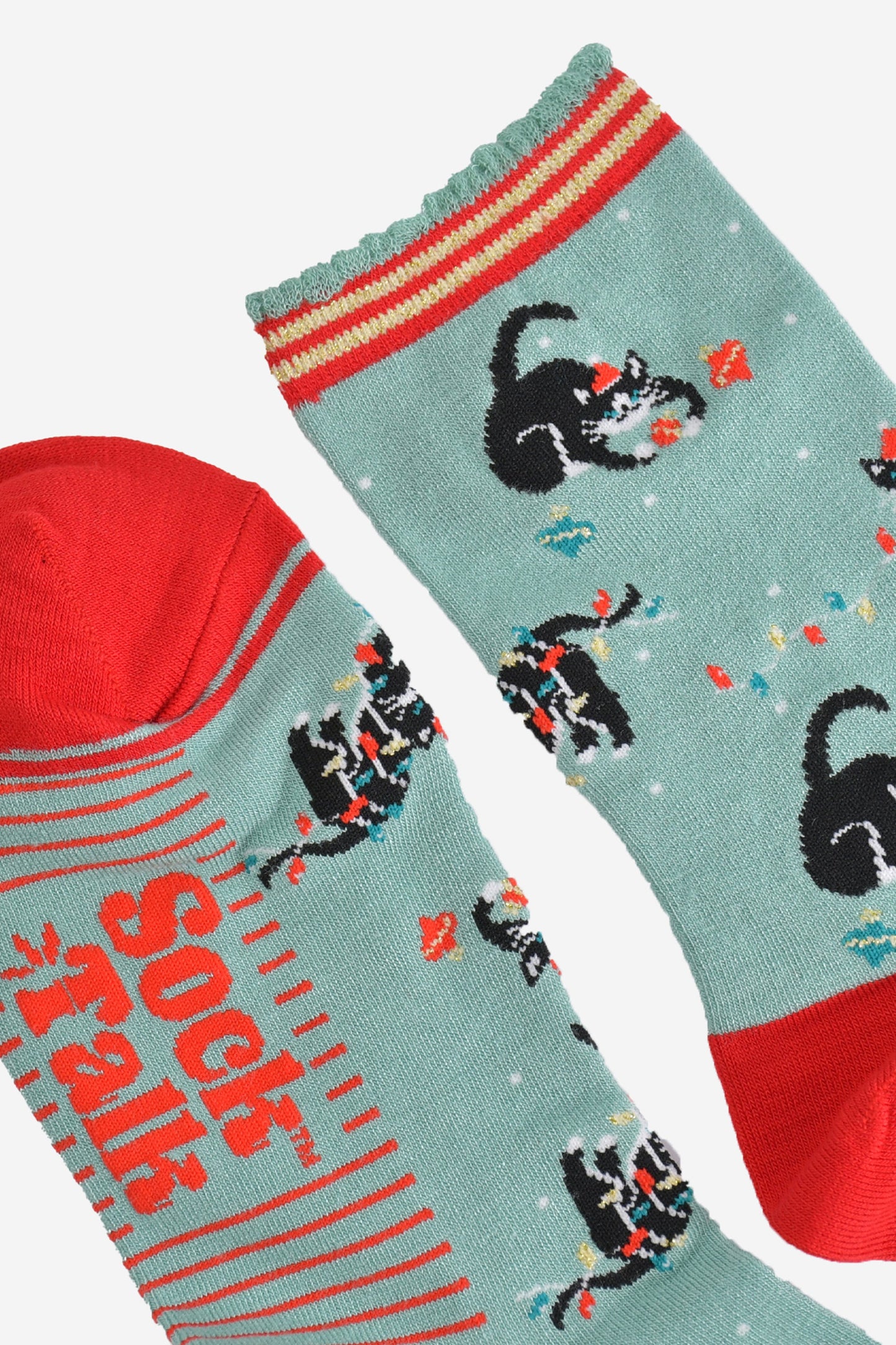 Women's Bamboo Socks - Mint Green/Red, Christmas Cats