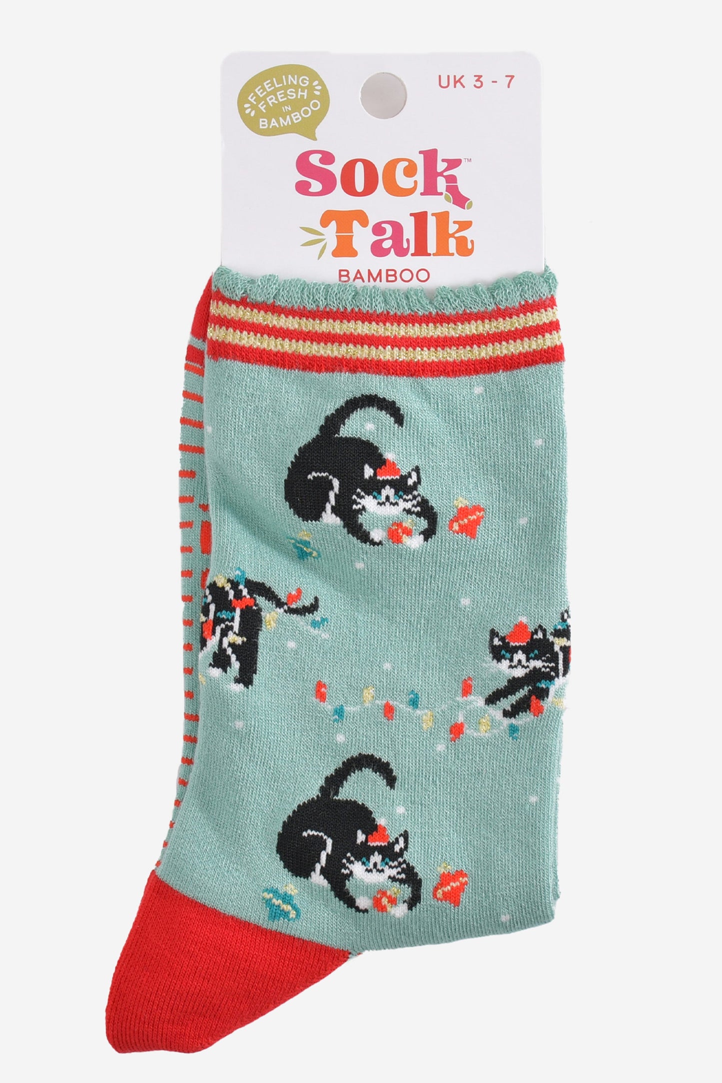 Women's Bamboo Socks - Mint Green/Red, Christmas Cats