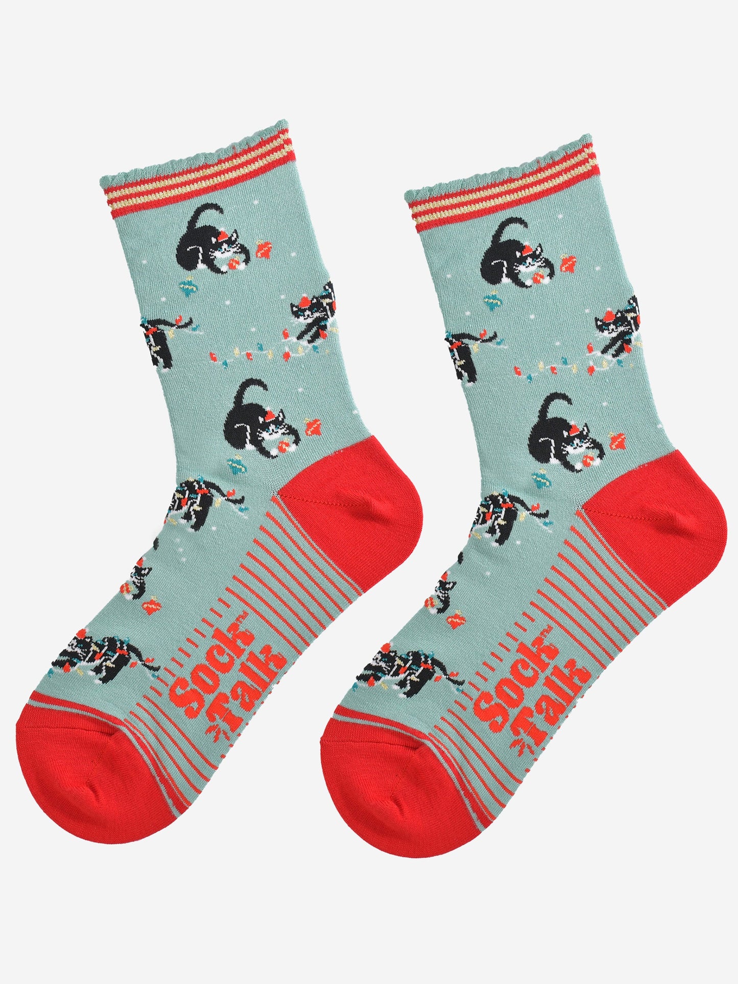 Women's Bamboo Socks - Mint Green/Red, Christmas Cats