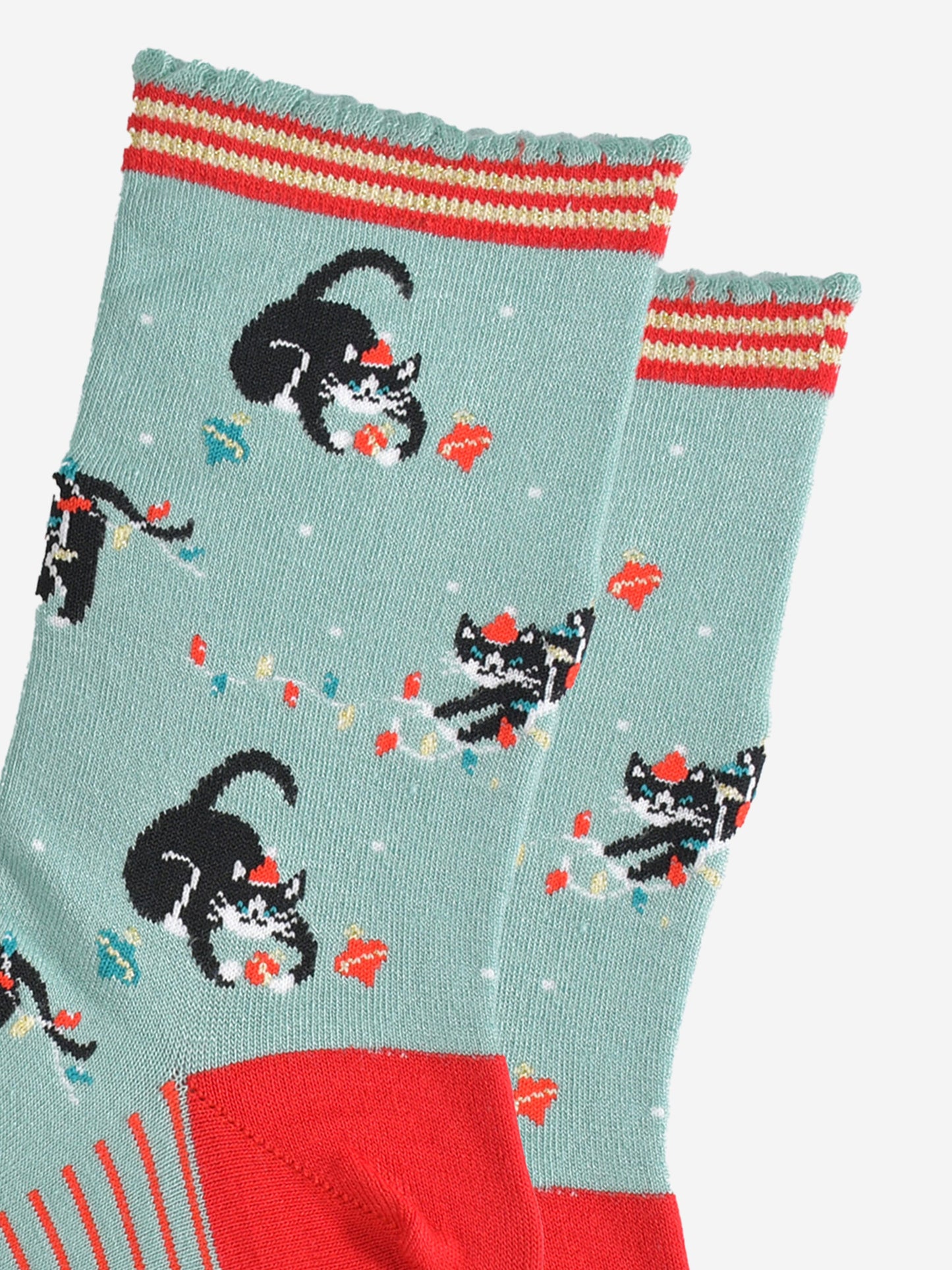 Women's Bamboo Socks - Mint Green/Red, Christmas Cats