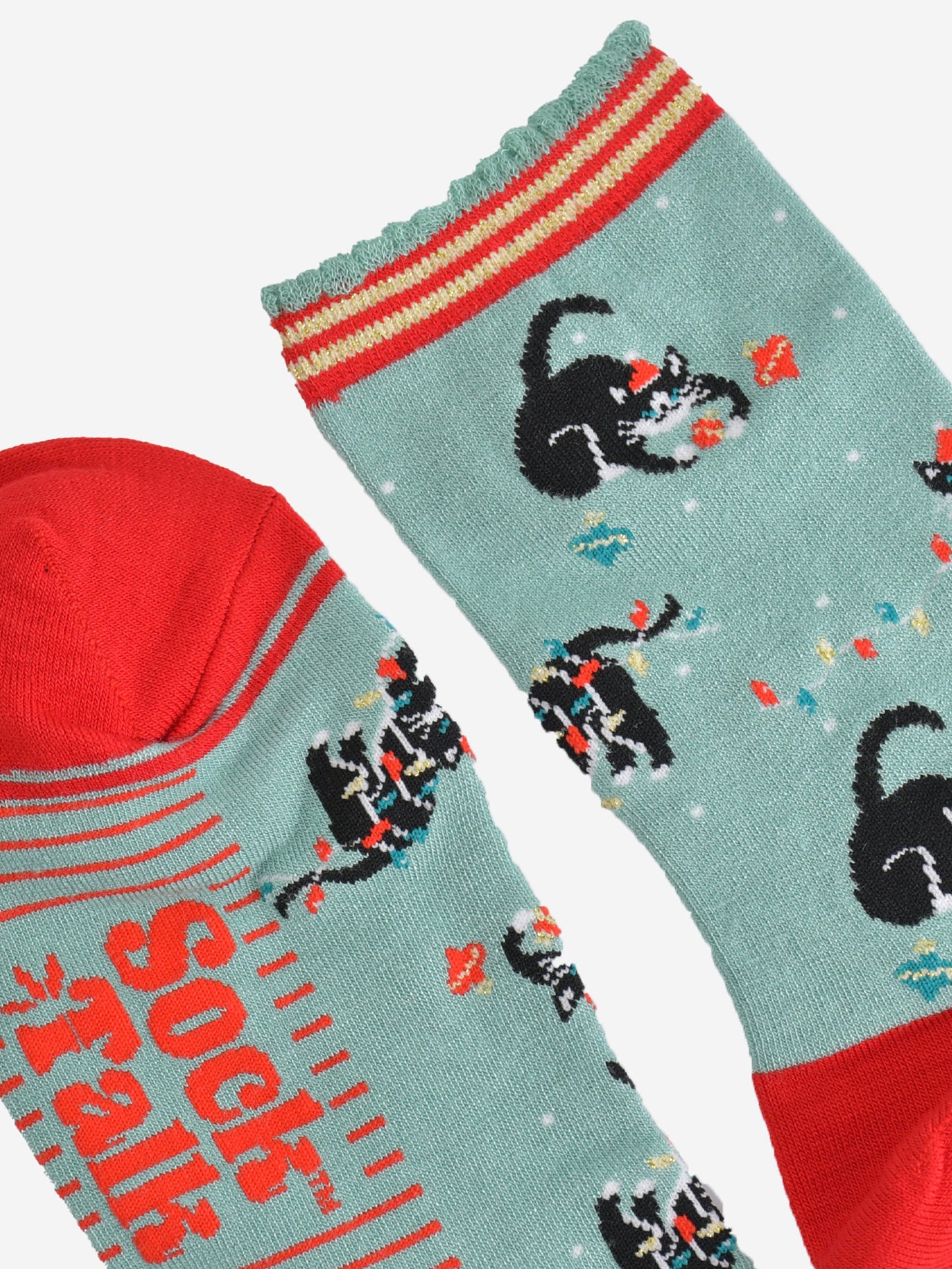 Women's Bamboo Socks - Mint Green/Red, Christmas Cats