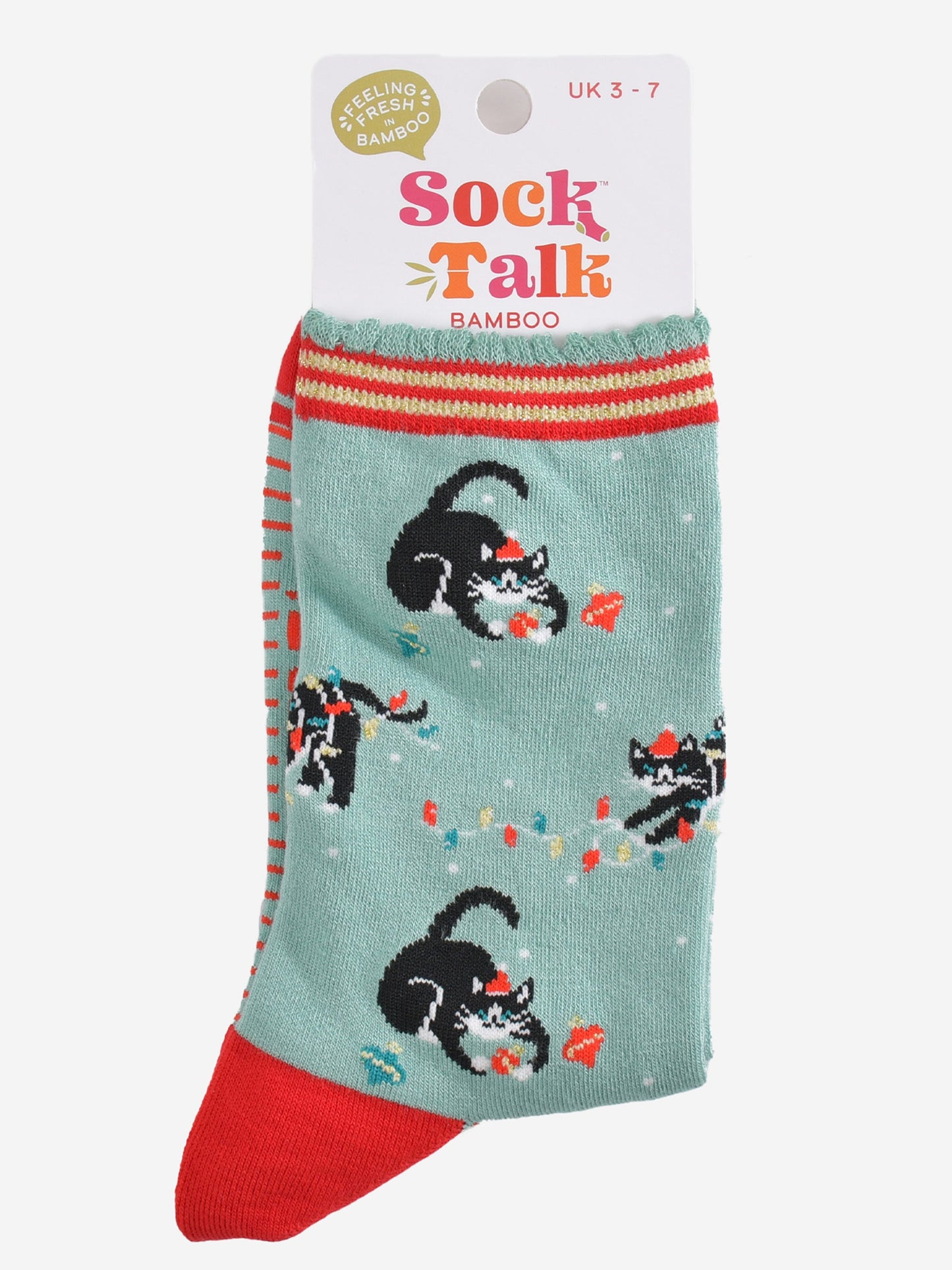 Women's Bamboo Socks - Mint Green/Red, Christmas Cats