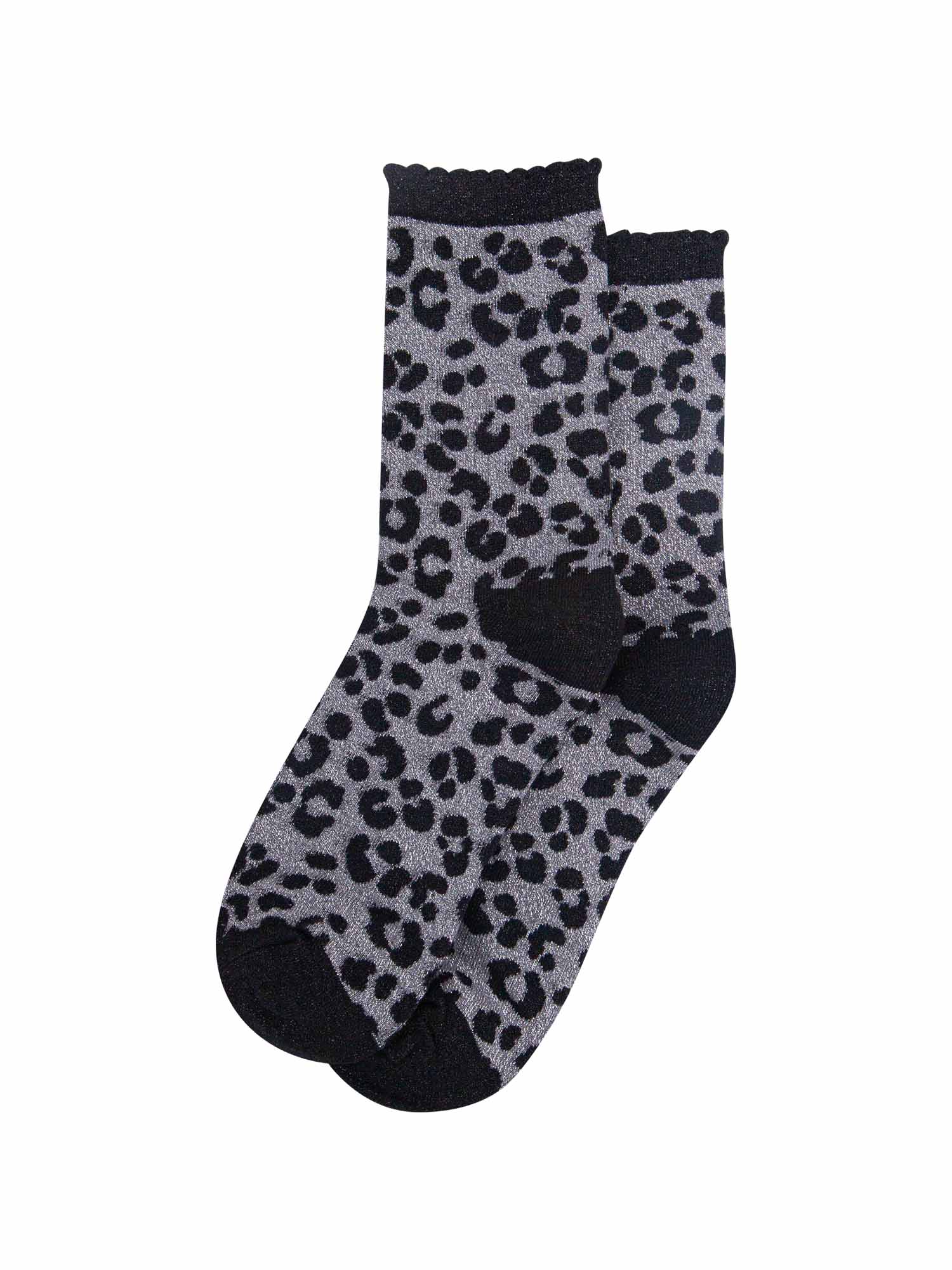 showing the grey and black leopard print glitter socks laying flat, the all over glitter sparkle is visible