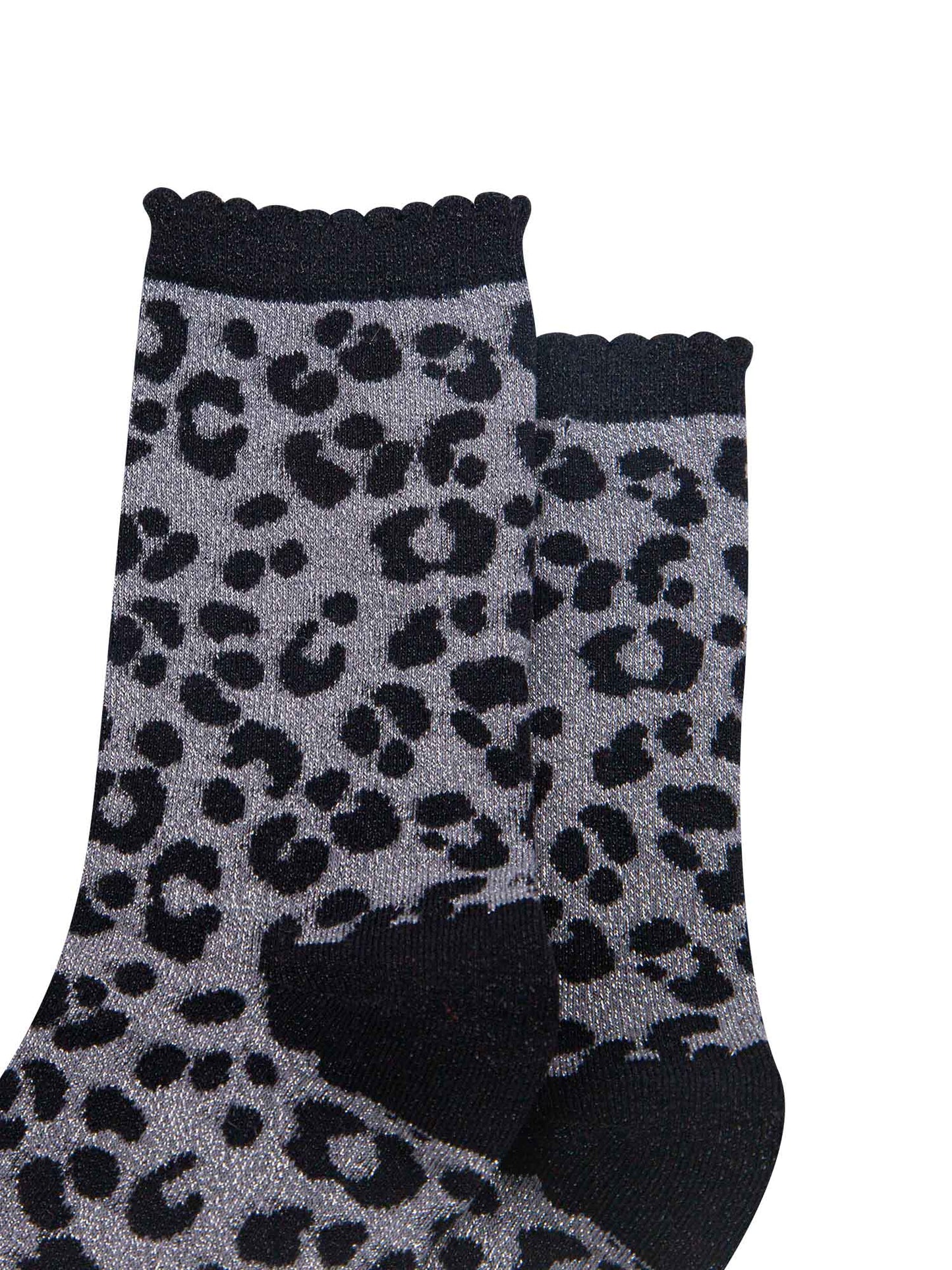 close up of the silver glitter sparkle on the grey and black leopard print glitter socks