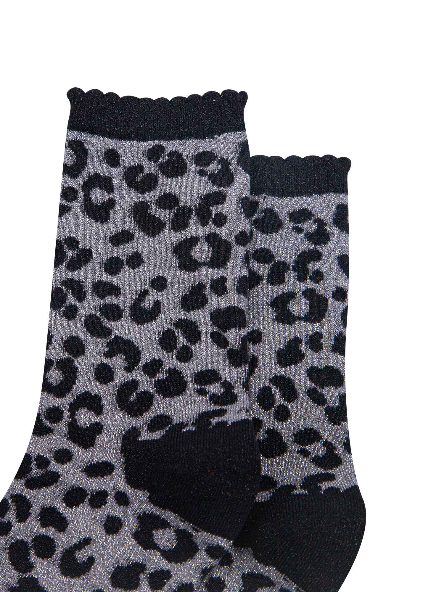close up of the silver glitter sparkle on the grey and black leopard print glitter socks