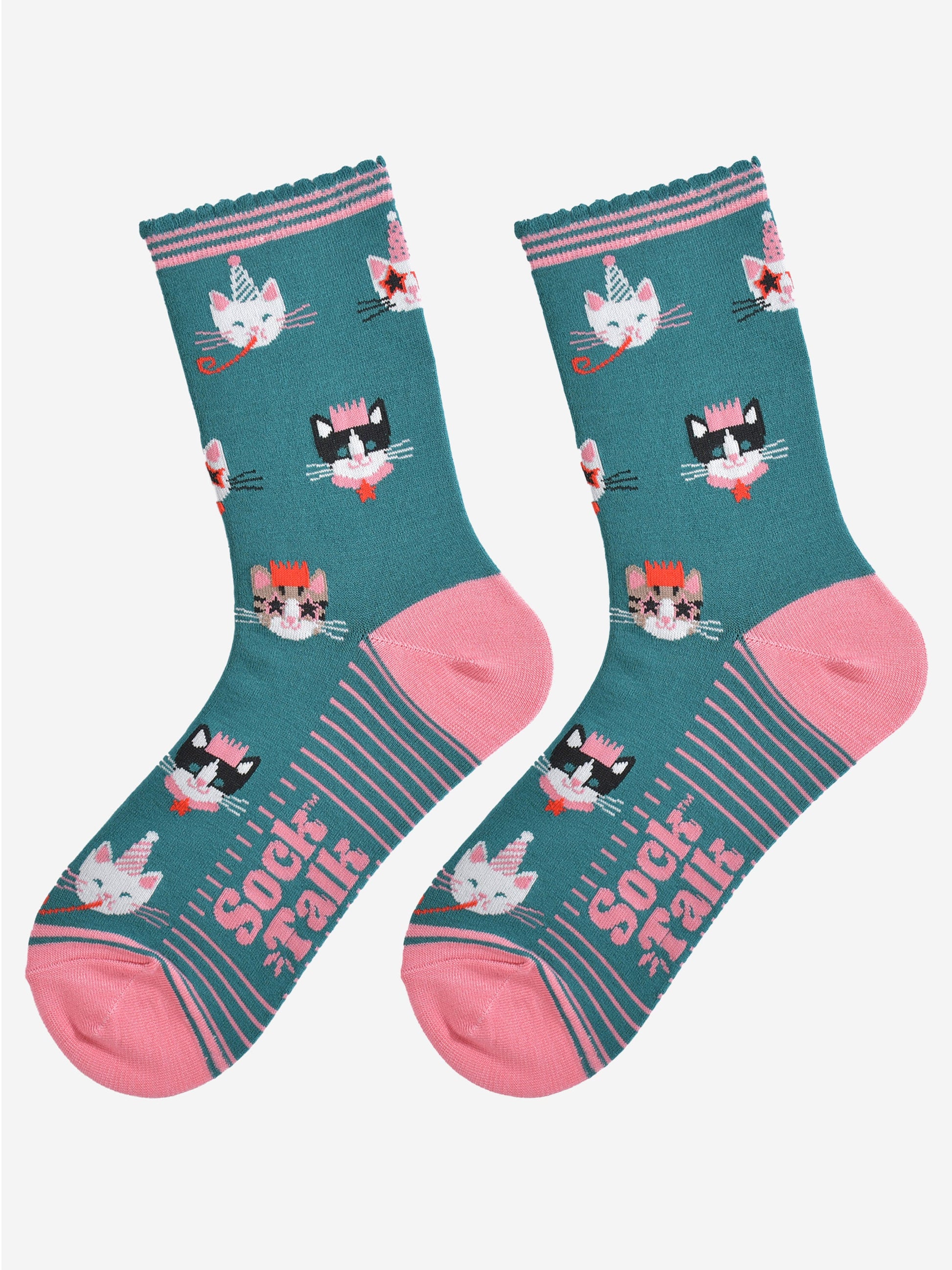 showing the green party cat socks laying flat, the sole has pink stripes and the cat face pattern is all over the socks.