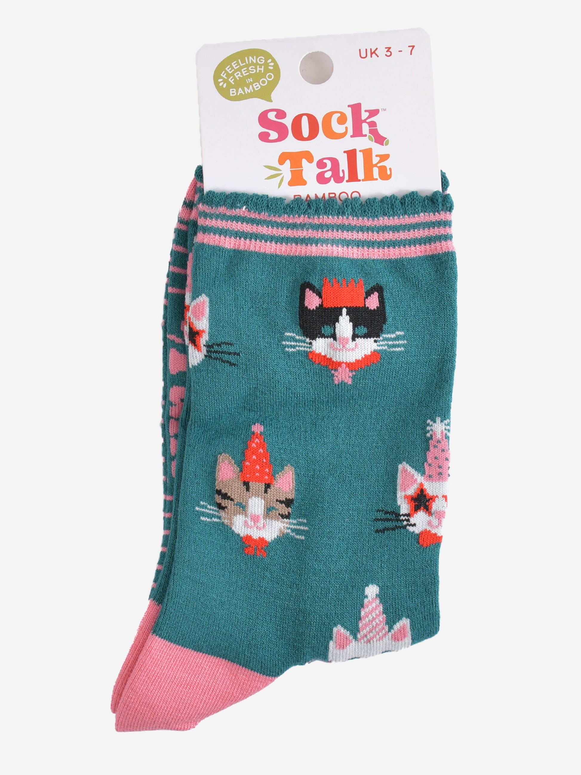 green party cats bamboo socks in their sock talk packaging, these socks are a uk size 3-7