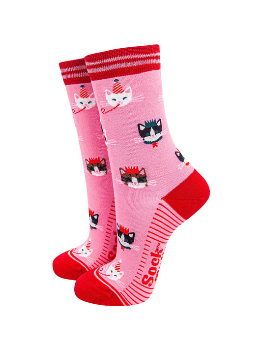 womens-bamboo-socks-hot-pink-red-party-cats-fun
