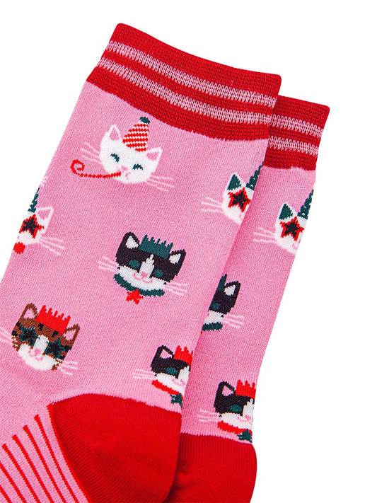 womens-bamboo-socks-hot-pink-red-party-cats-close-up
