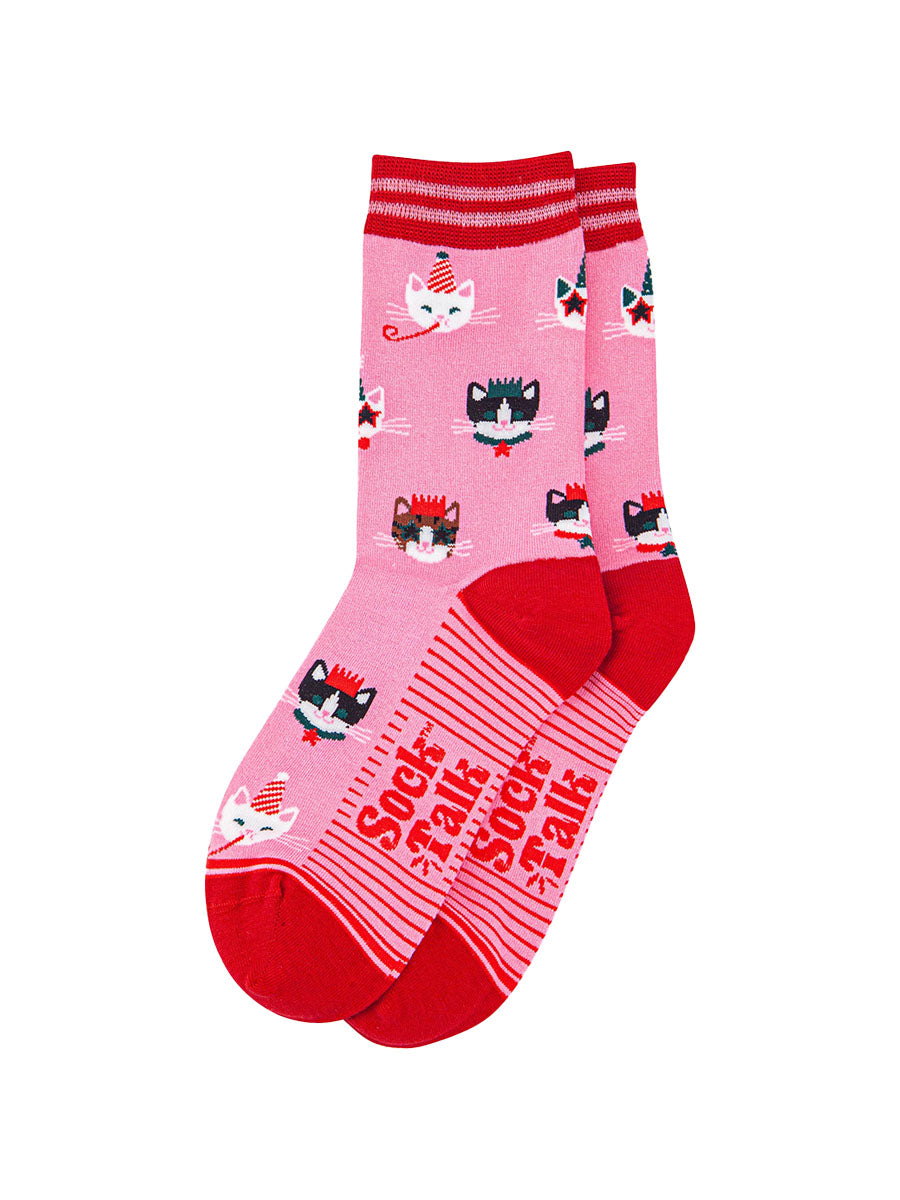 womens-bamboo-socks-hot-pink-red-party-cats-laying-flat