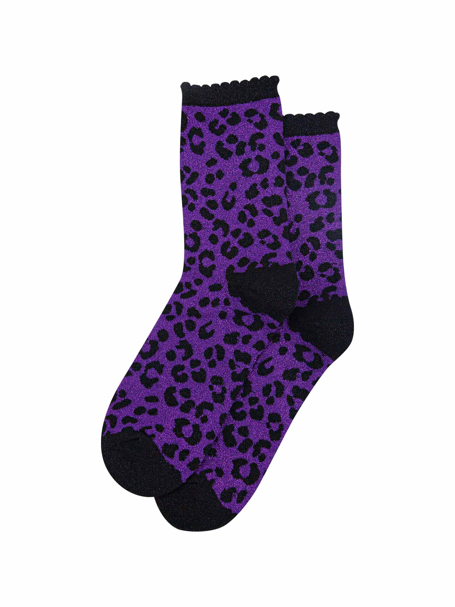 purple ankle socks with a black leopard print pattern, all over glitter sparkle and black scalloped cuff