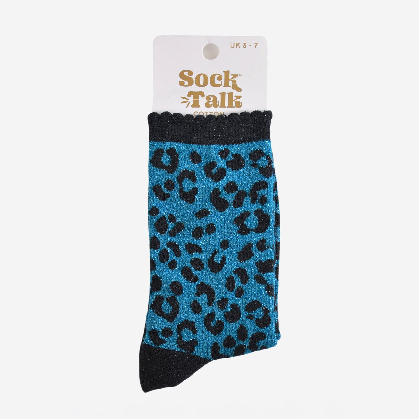 black and teal leopard print glitter socks in their sock talk packaging, these socks are a uk size 3-7