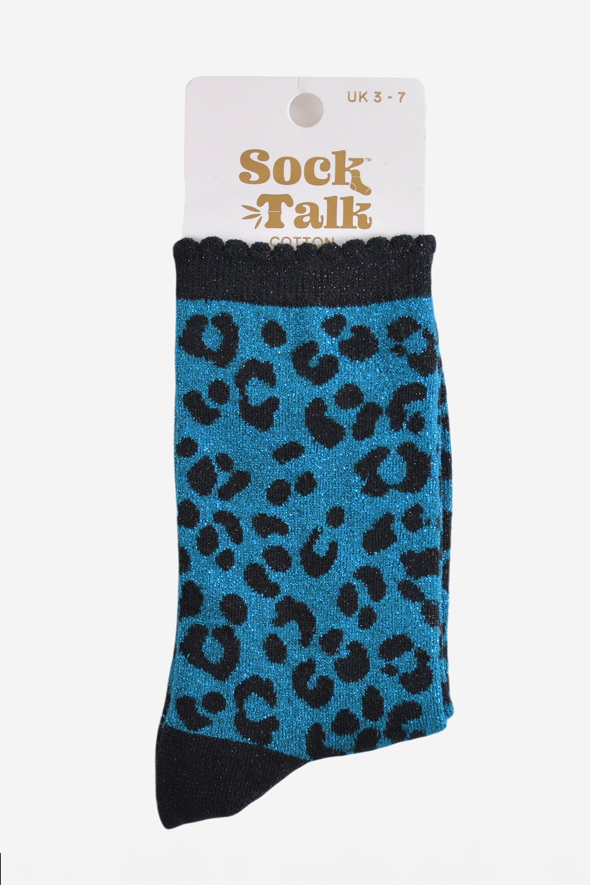 black and teal leopard print glitter socks in their sock talk packaging, these socks are a uk size 3-7