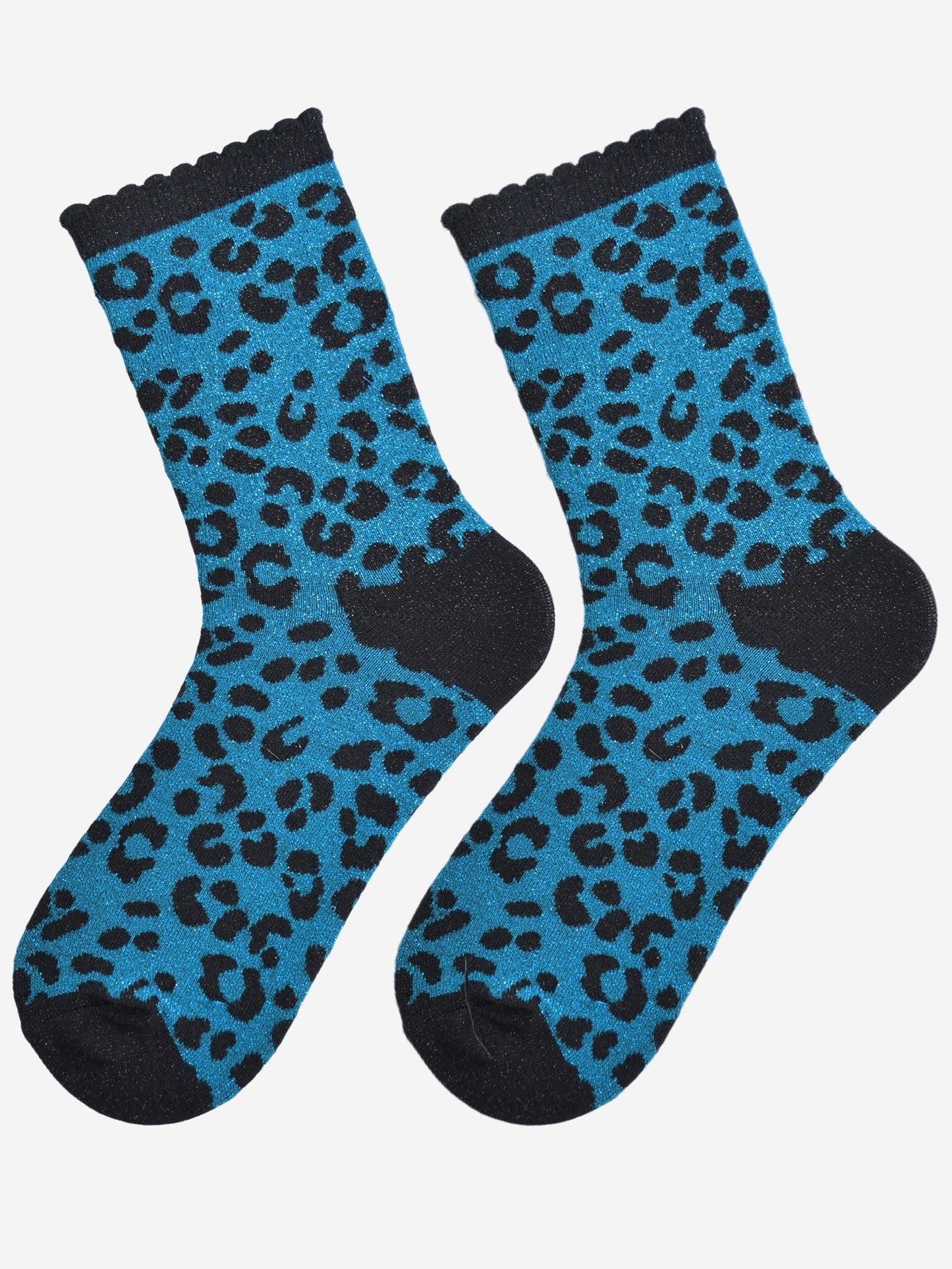 showing the teal and black leopard print ankle socks laying flat, the all over silver sparkle is visible