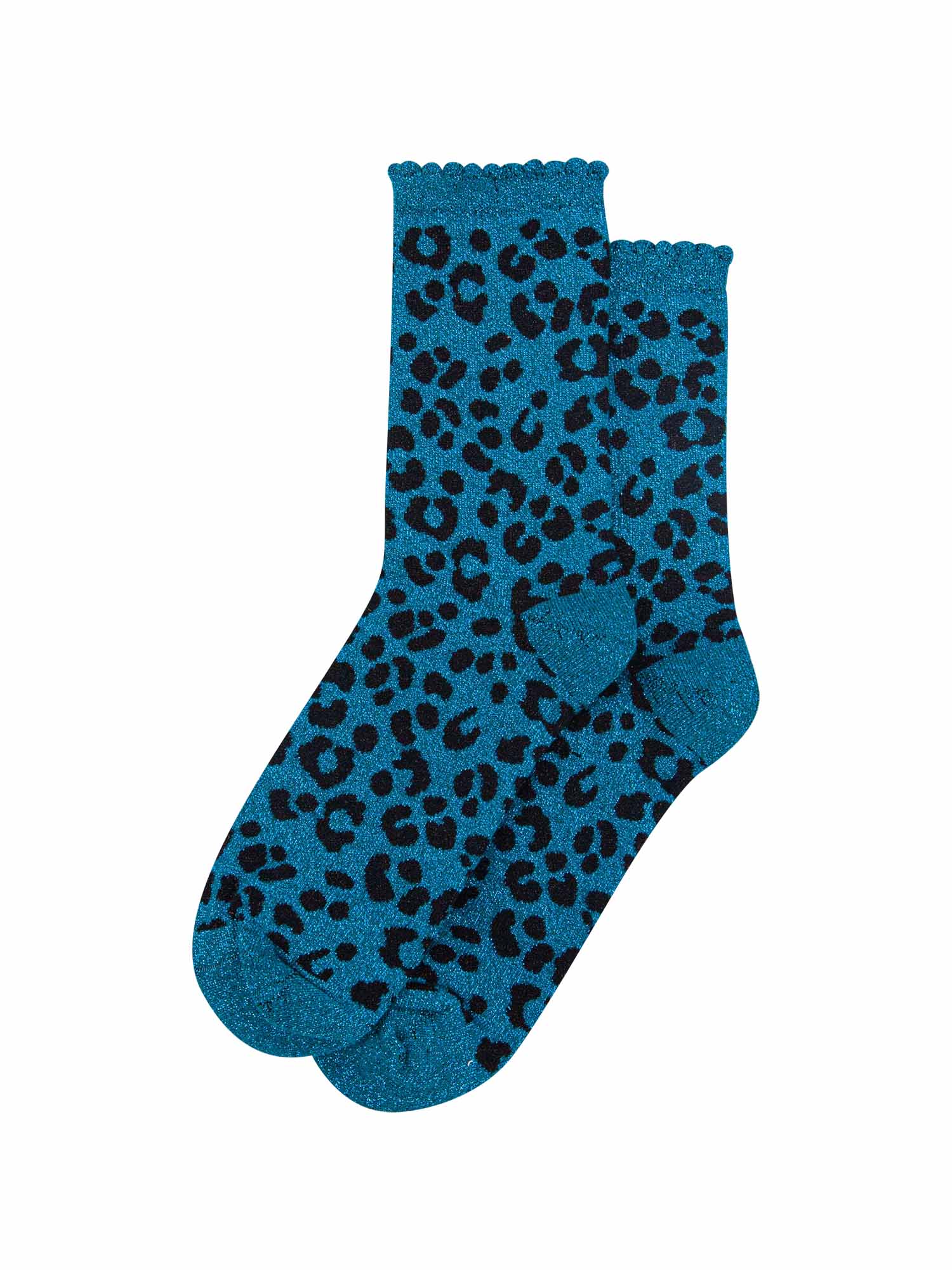 showing the teal and black leopard print ankle socks laying flat, the all over silver sparkle is visible