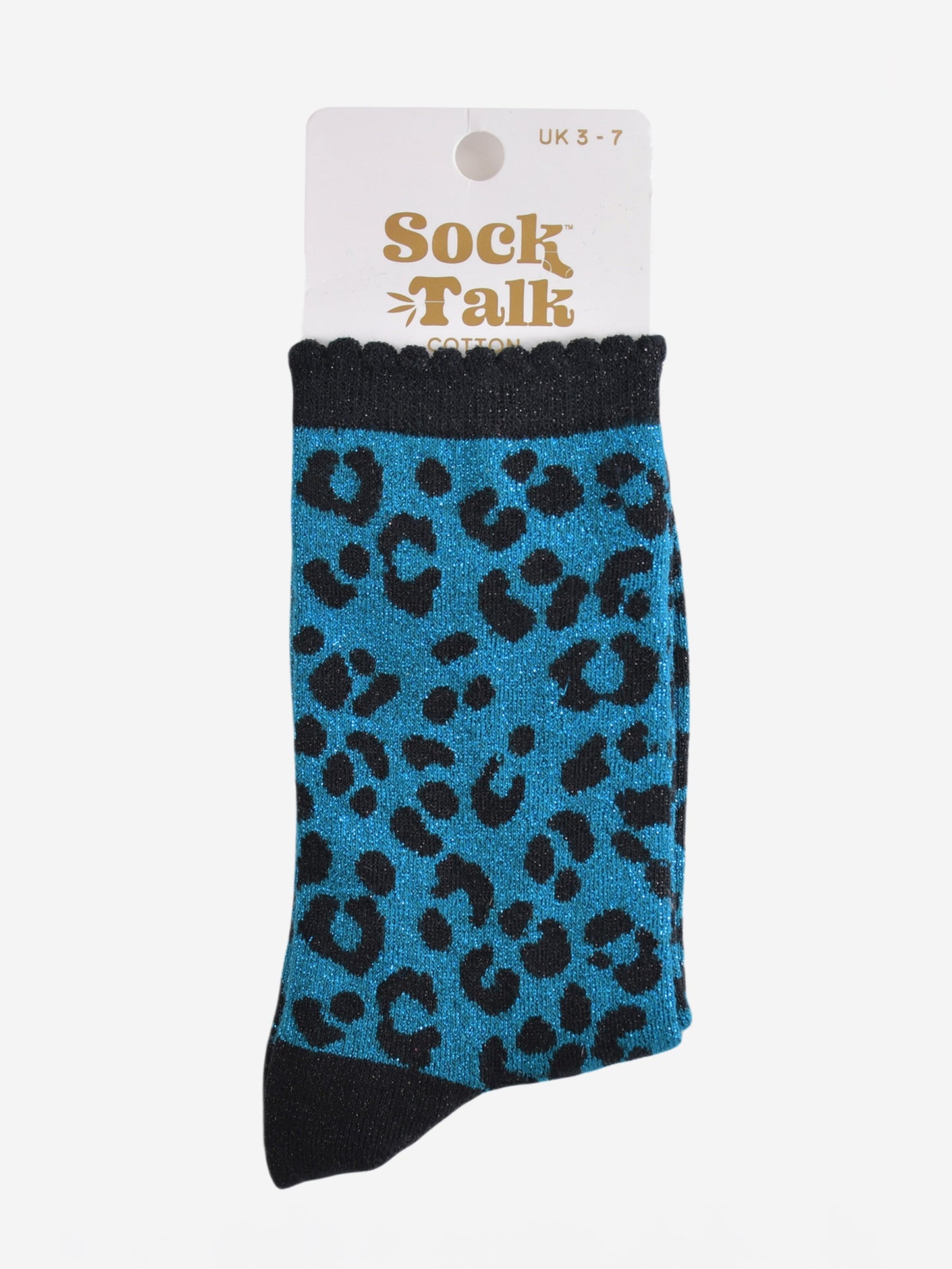 black and teal leopard print glitter socks in their sock talk packaging, these socks are a uk size 3-7