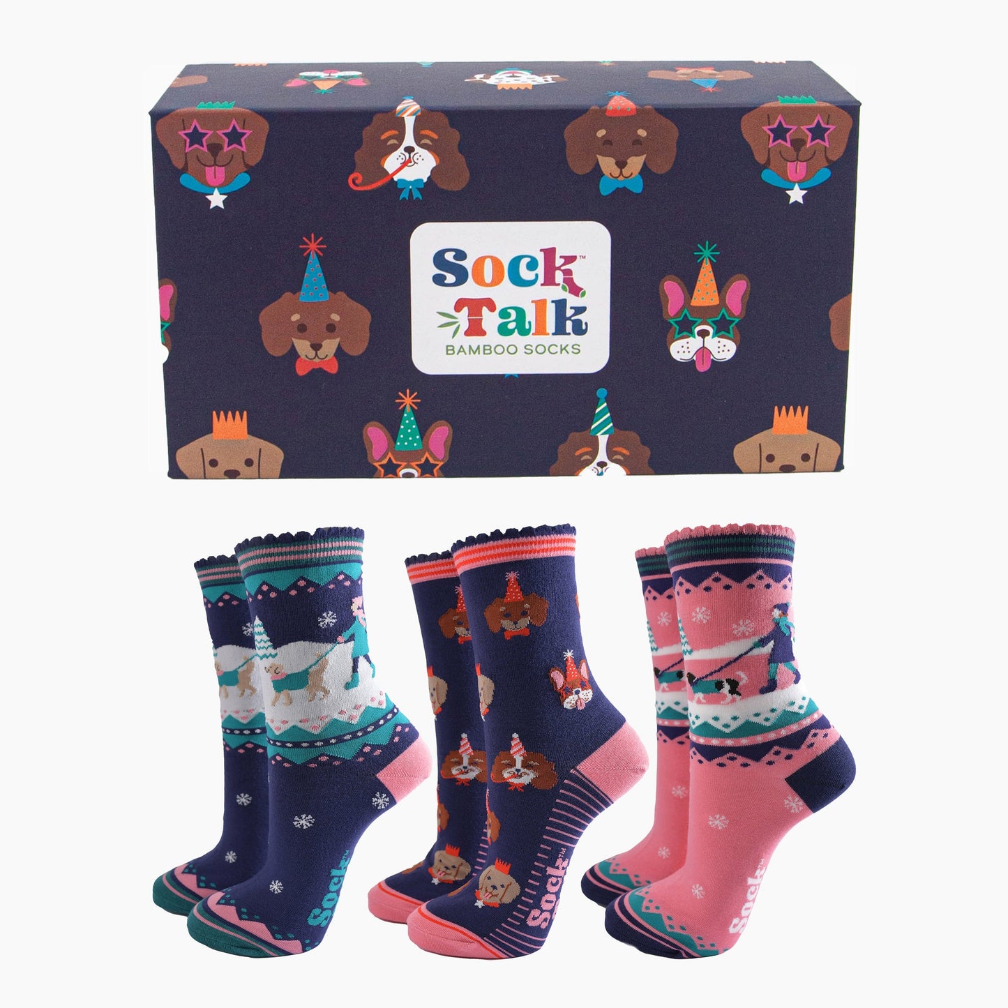 three pairs of winter and festive themed dog socks with a dog patterned gift box