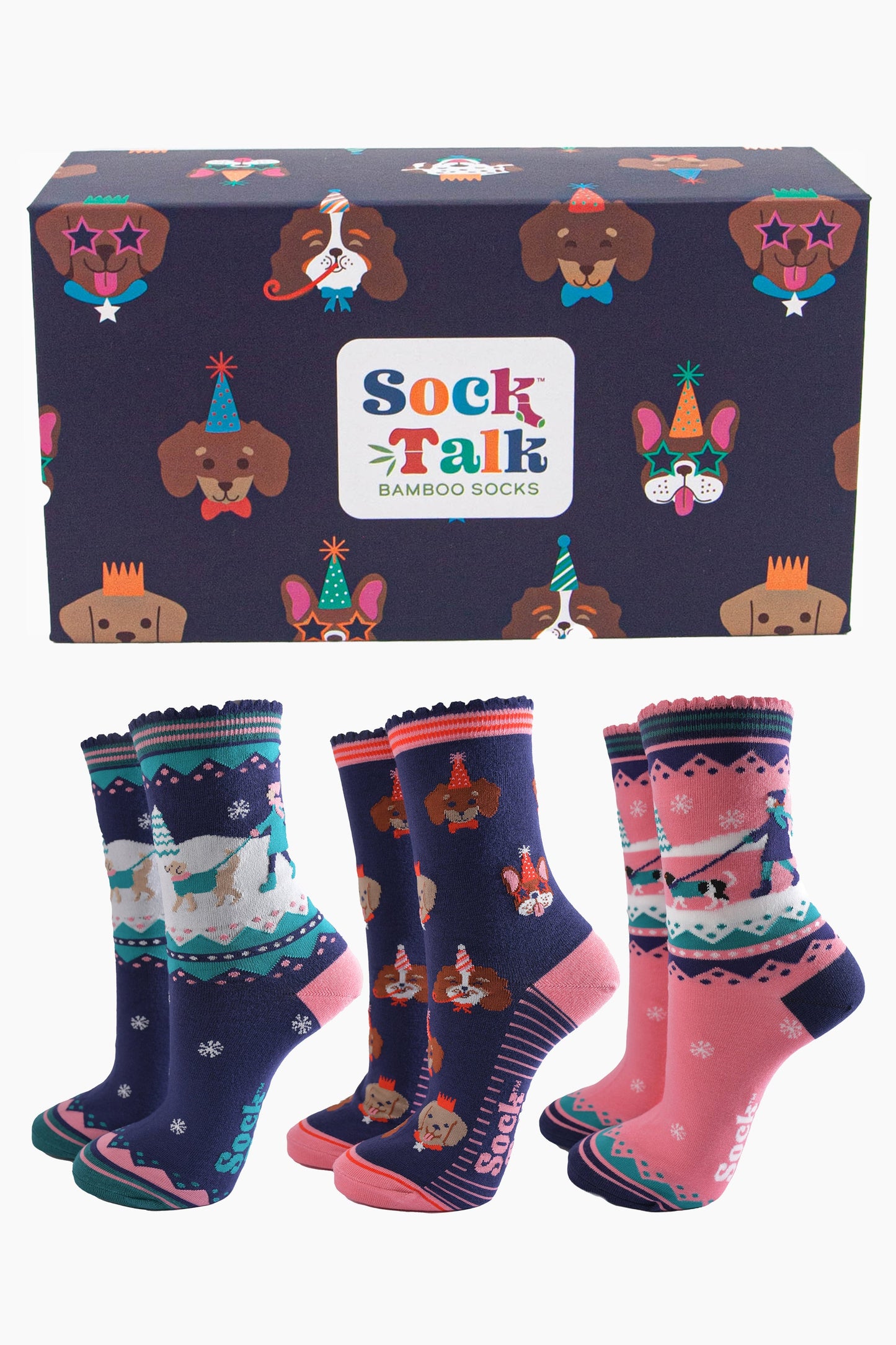 three pairs of winter and festive themed dog socks with a dog patterned gift box