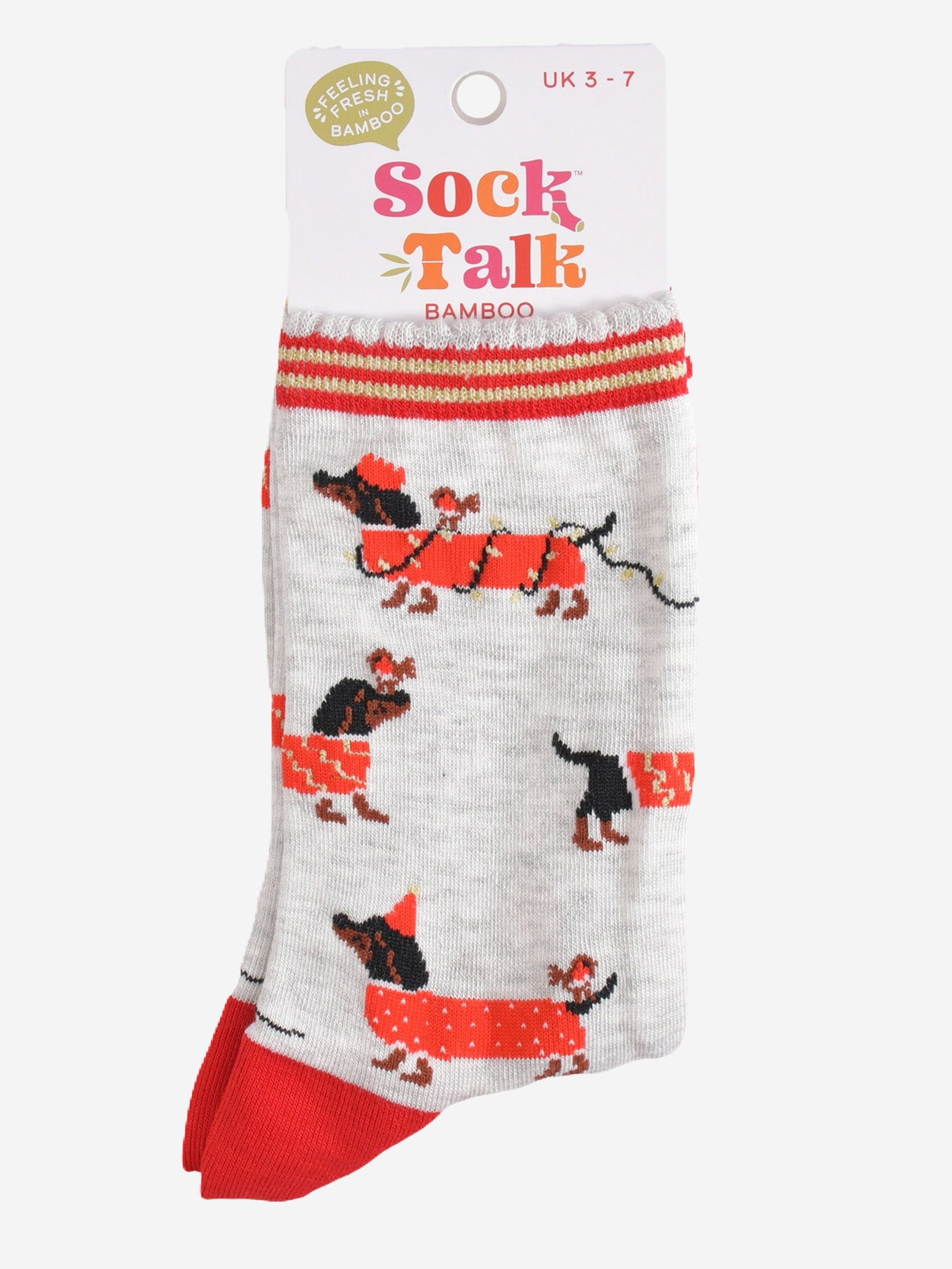 sausage dog and robin bamboo socks in their sock talk packaging, these socks are a uk size 3-7