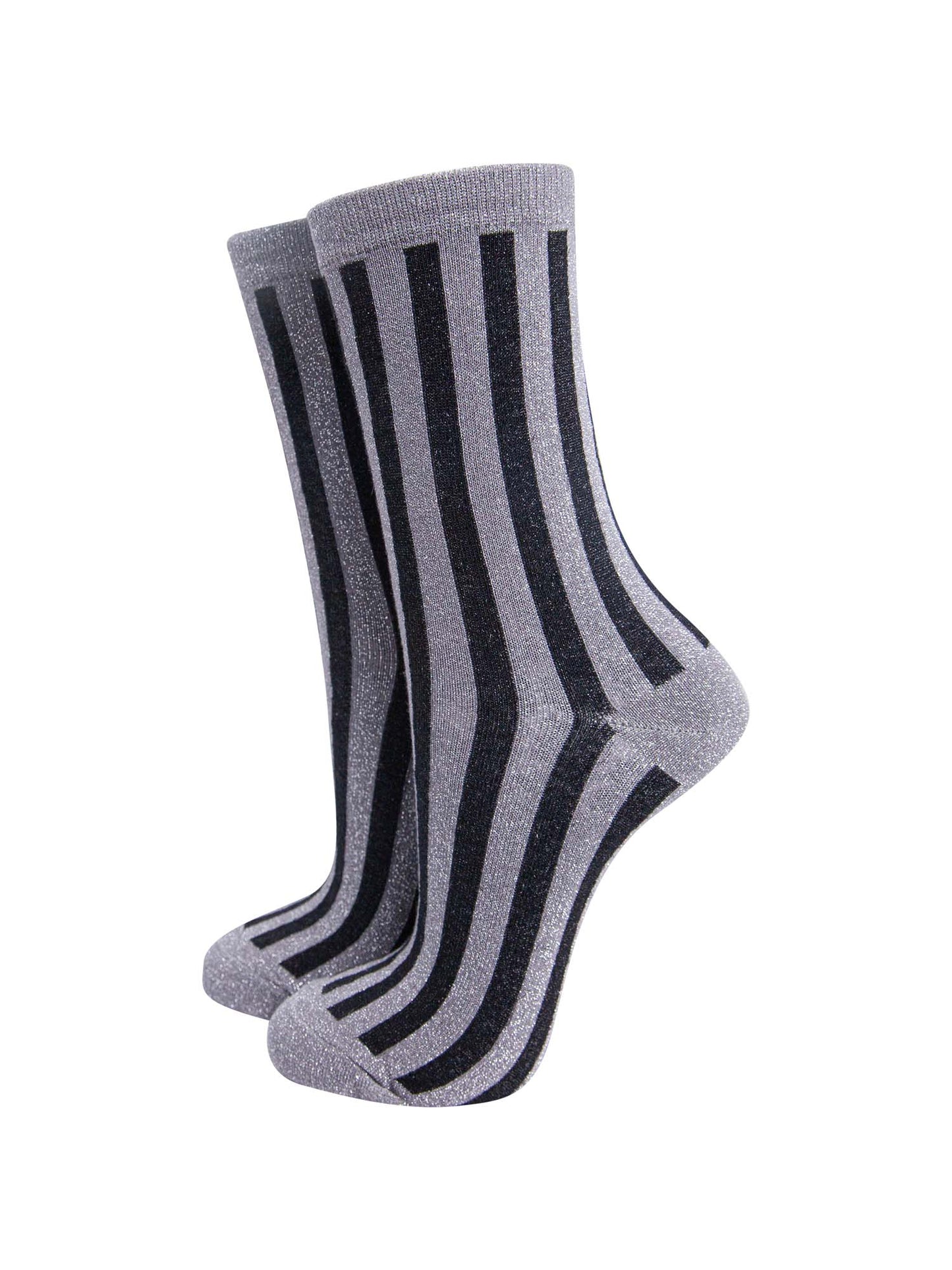 grey and black vertical striped glitter ankle socks