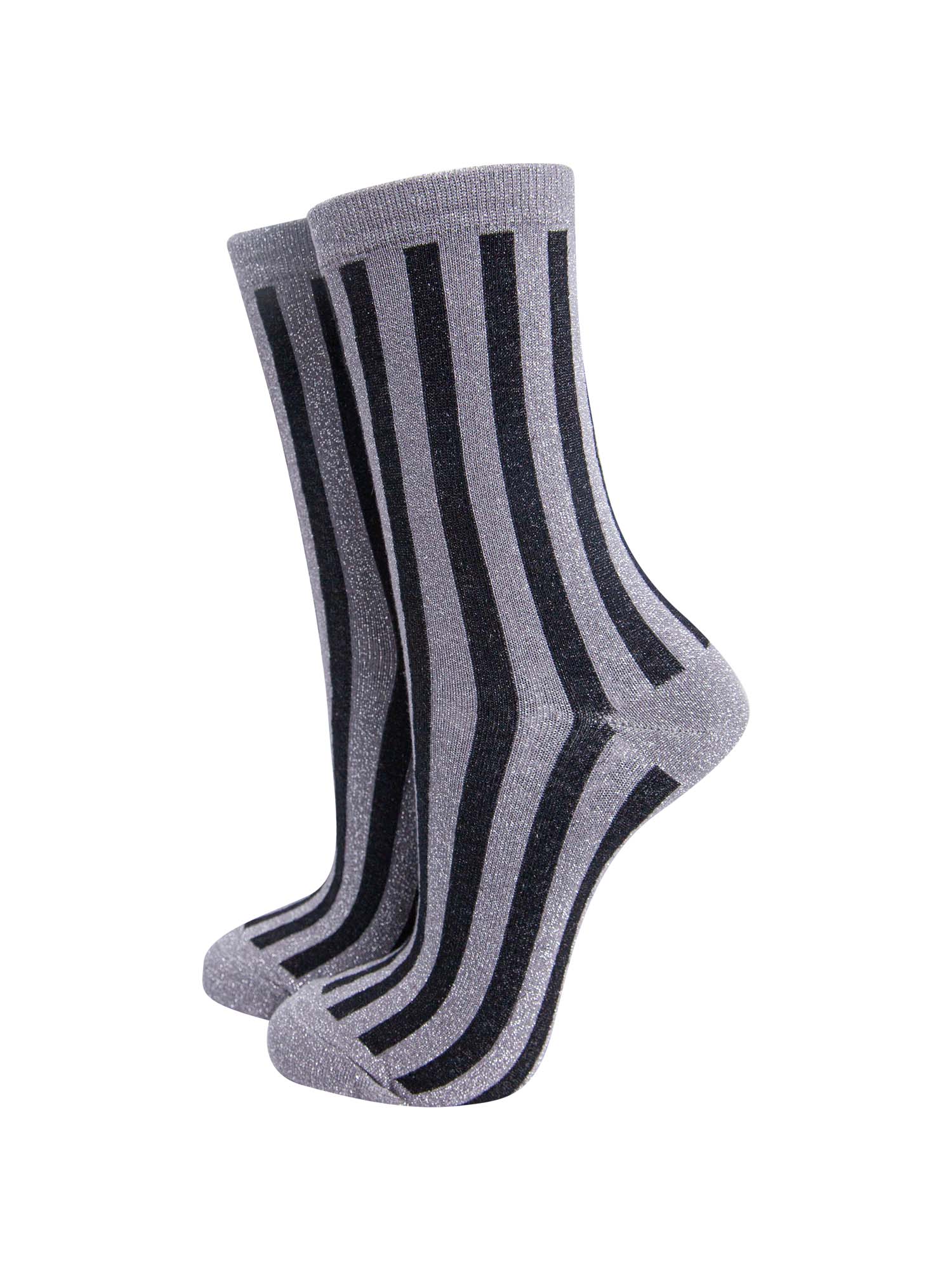grey and black vertical striped glitter ankle socks