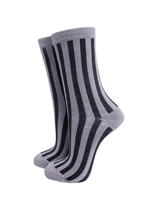 grey and black vertical striped glitter ankle socks
