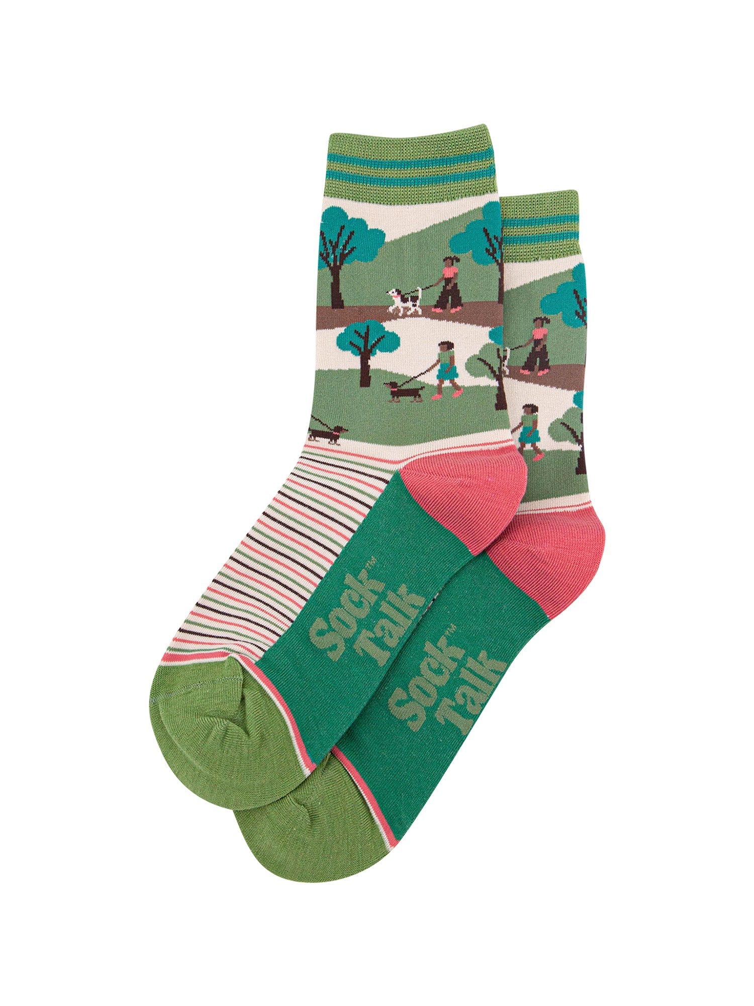 Dog-Walking-Bamboo-Socks-in-Green/Pink-Laid-Flat