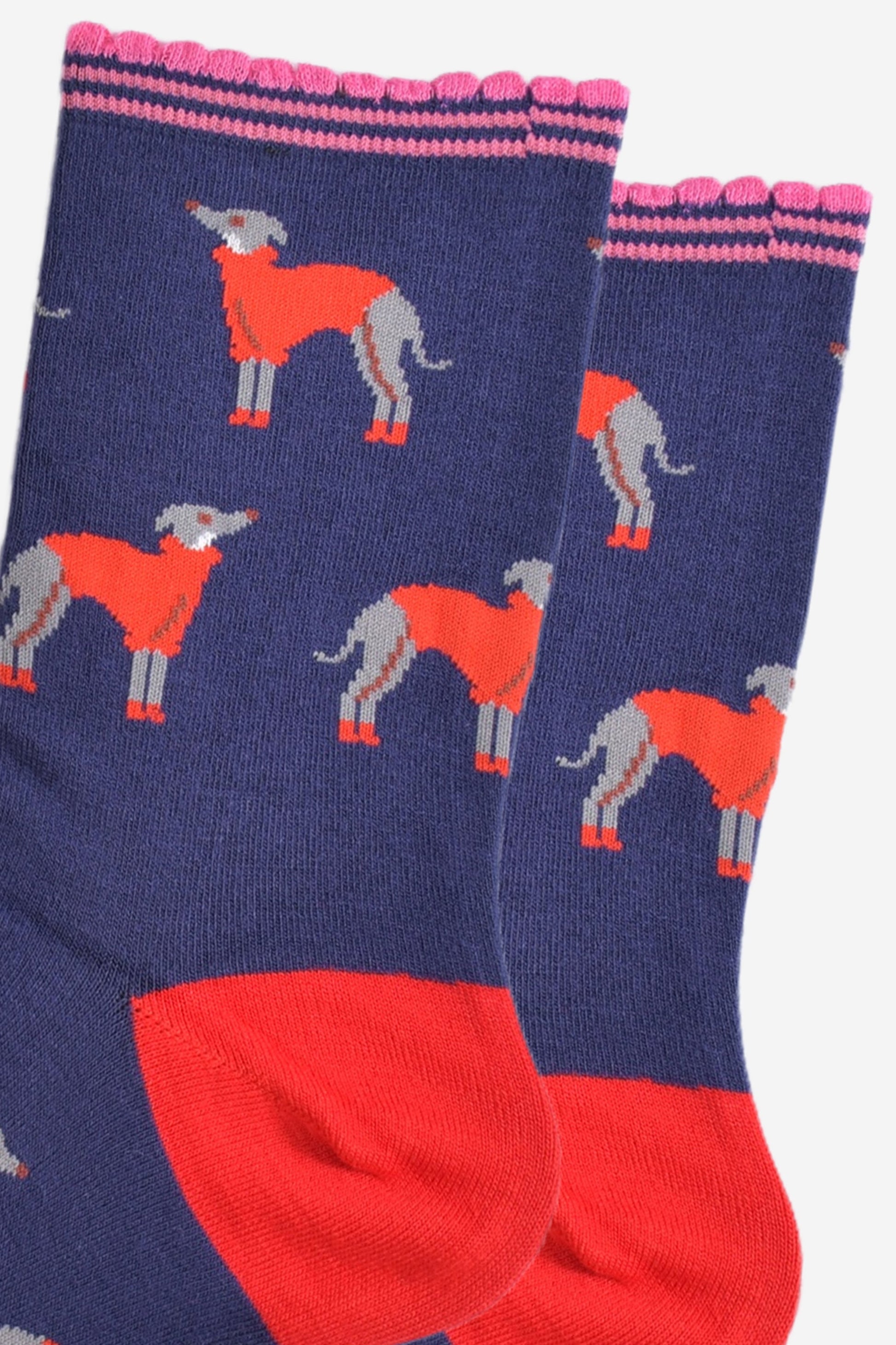 close up of the greyhound pattern on the socks, the grey hounds are grey with white necks, they are wearing red winter coats and red booties