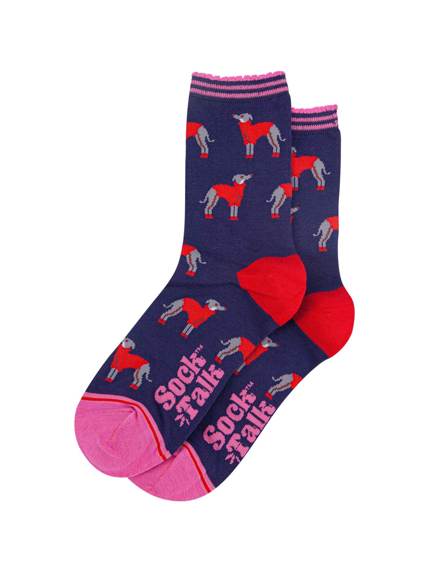 showing the greyhound socks laying flat, the heel is red and the toe and cuff are pink in contrast to the navy blue background of the socks. the greyhound dog pattern is all over the body of the socks