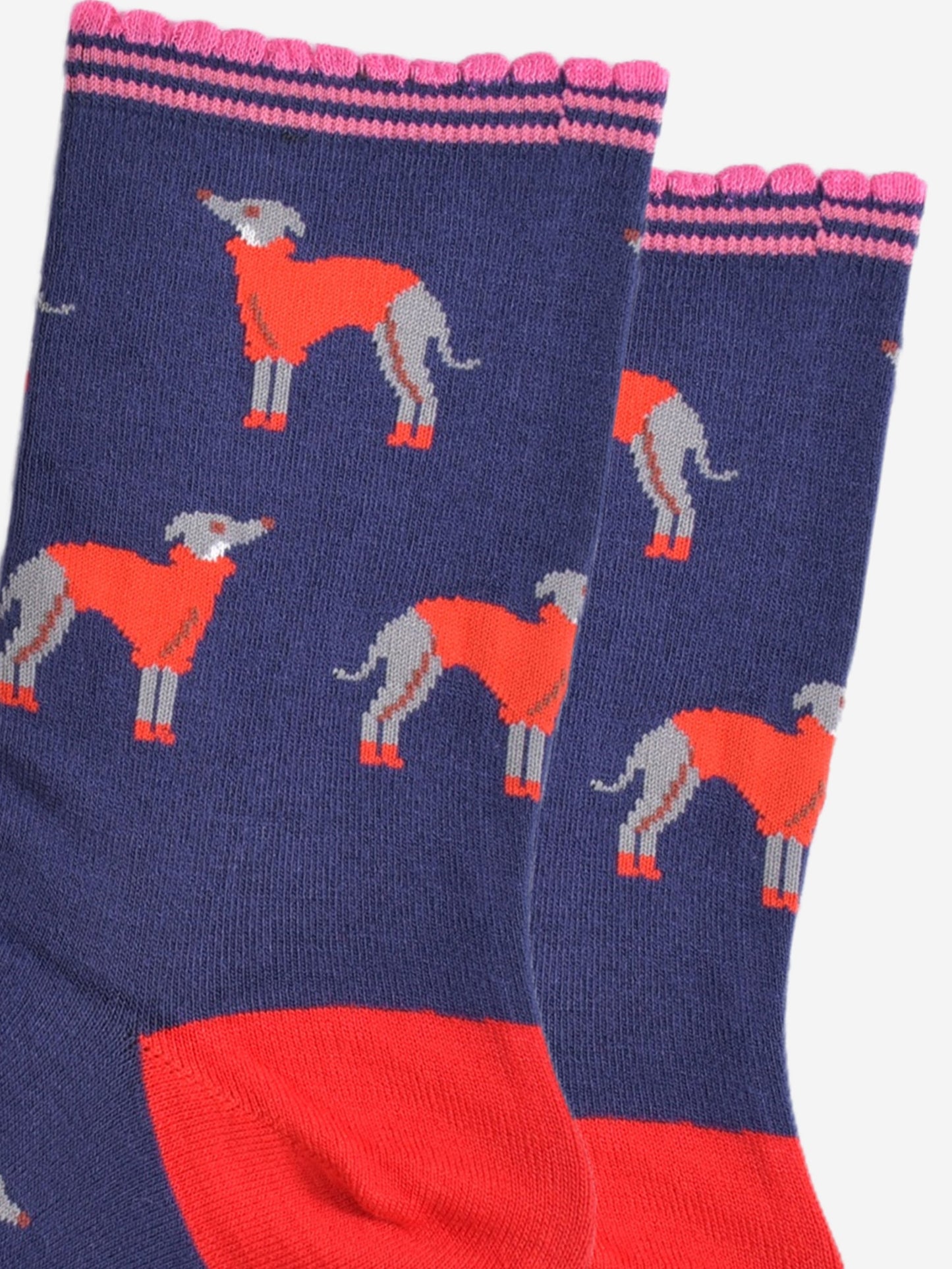 close up of the greyhound pattern on the socks, the grey hounds are grey with white necks, they are wearing red winter coats and red booties