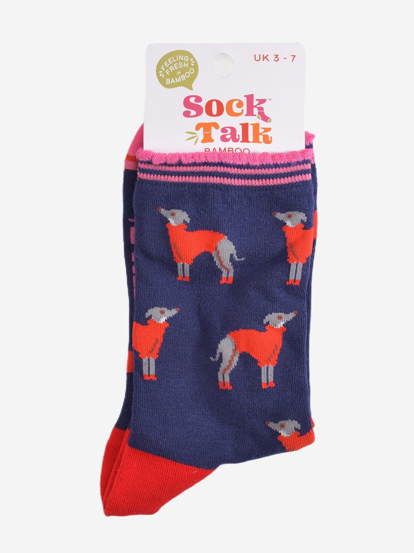 greyhound winter jumper bamboo socks in their sock talk packaging, these socks are a uk size 3-7