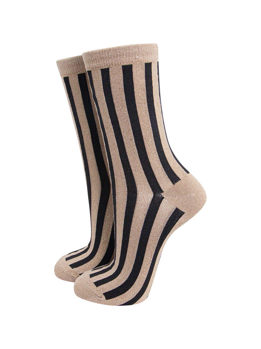 gold and black vertical striped glitter ankle socks