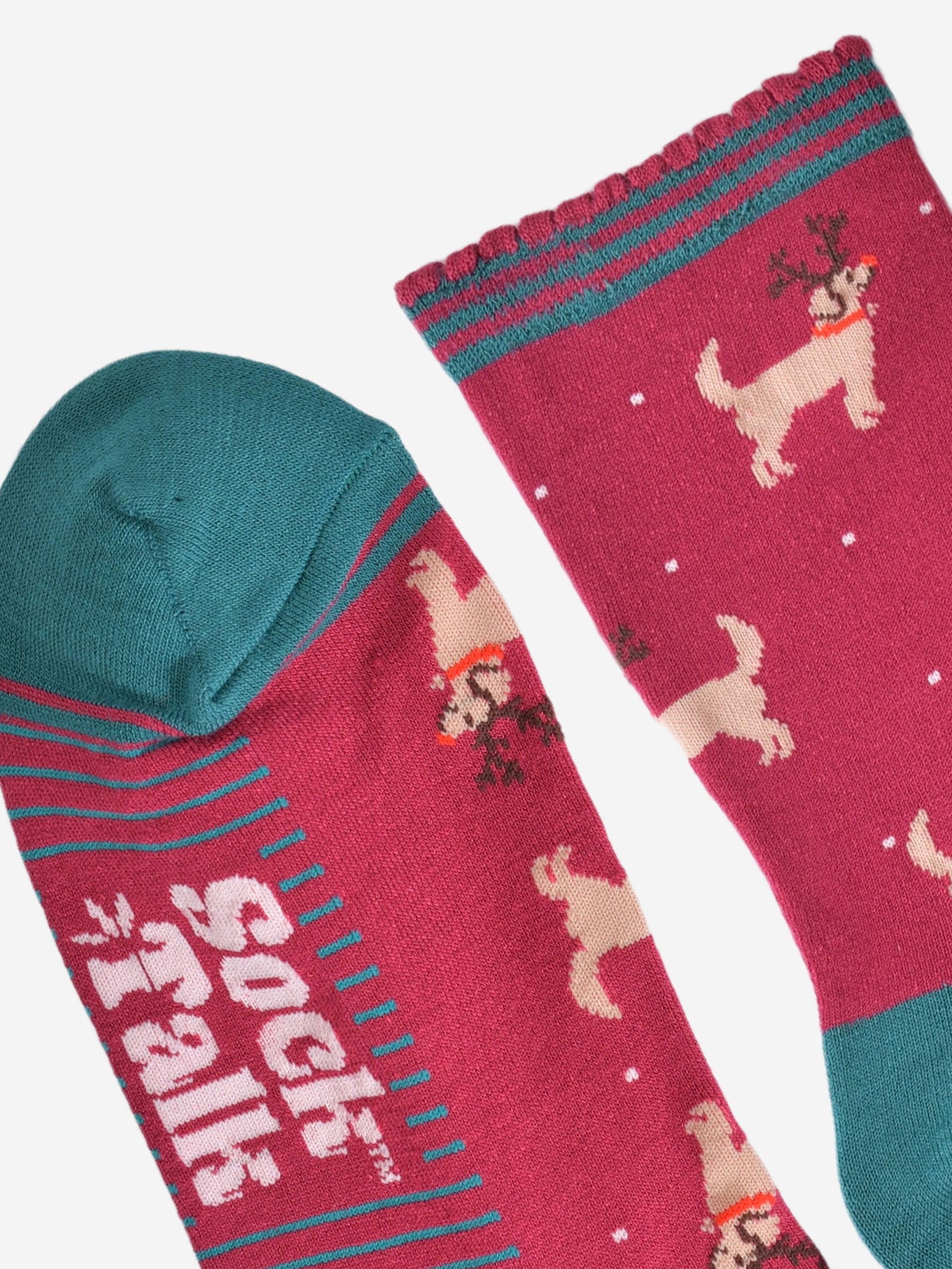 close up of the toe and heel, the toes are green and the cuffs are scalloped with green and burgundy stripes