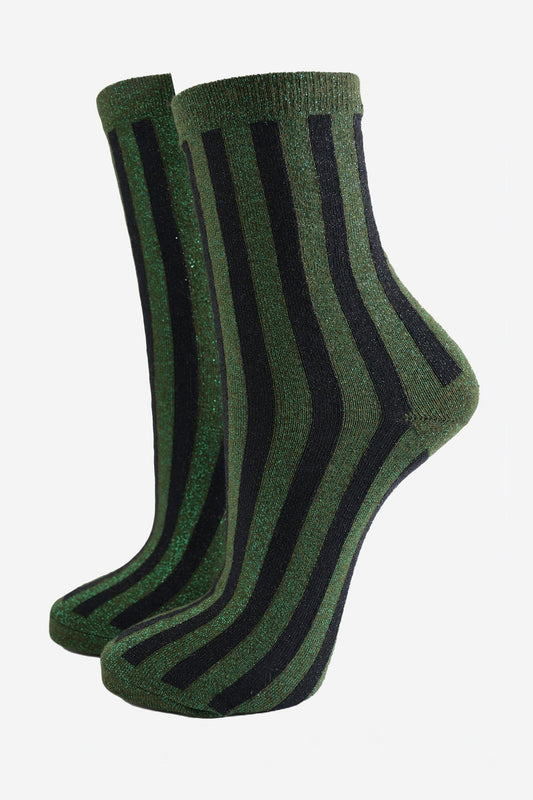 khaki and black vertical striped glitter ankle socks