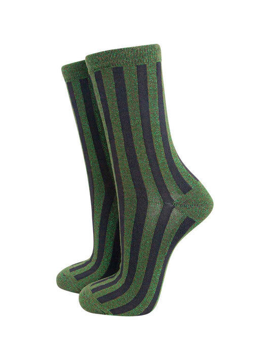 khaki and black vertical striped glitter ankle socks