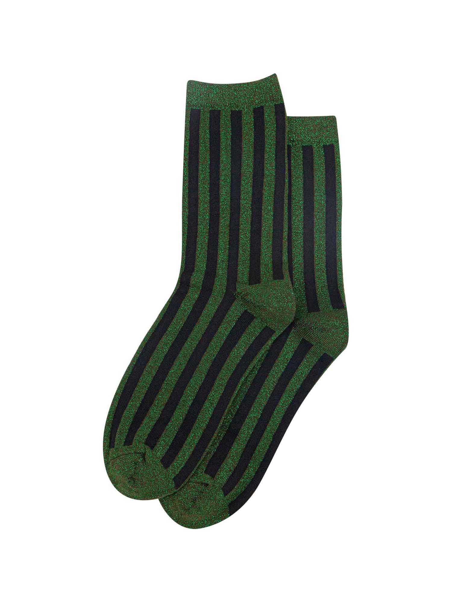 showing the khaki green and black striped glitter socks laying flat, showing the all over silver glitter sparkle