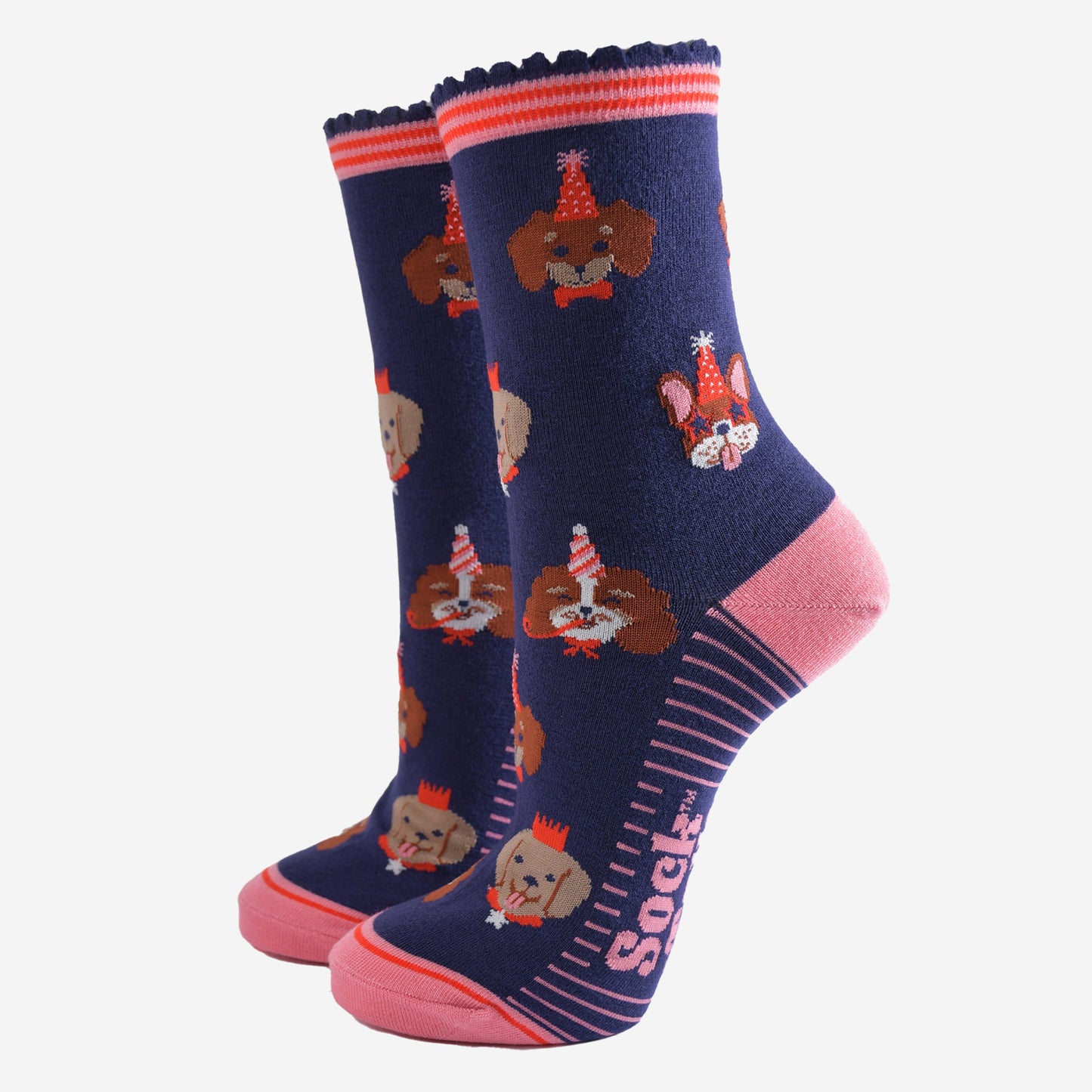 Women's Bamboo Socks - Navy Blue/Pink, Party Dogs