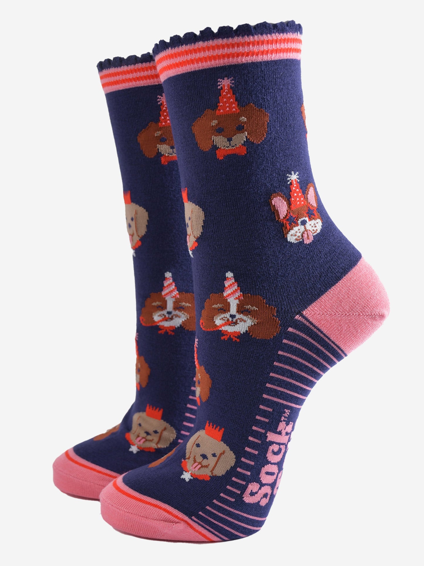 Women's Bamboo Socks - Navy Blue/Pink, Party Dogs