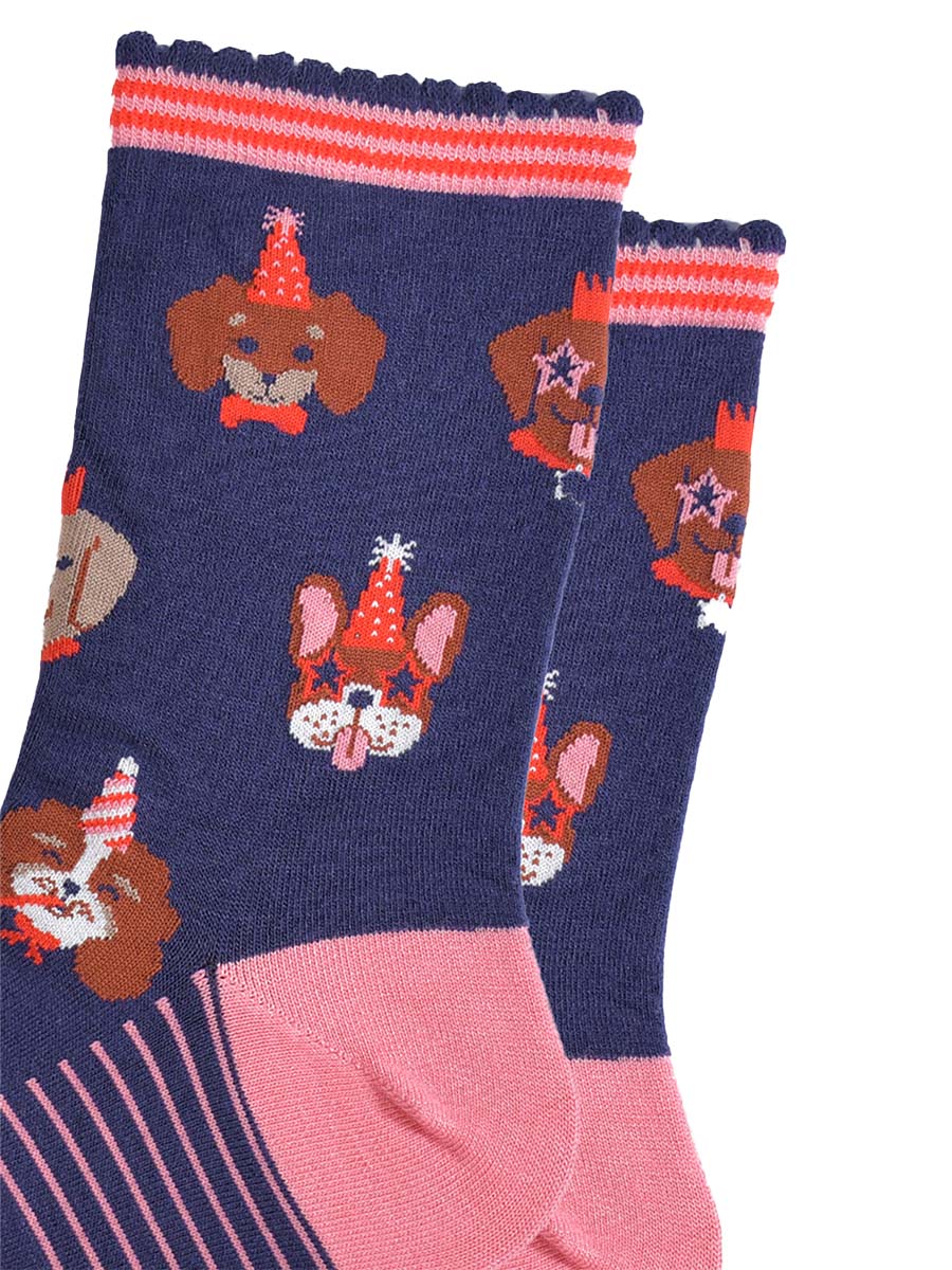 navy blue and pink ankle socks with a pattern of dogs wearing party hats and novelty glasses