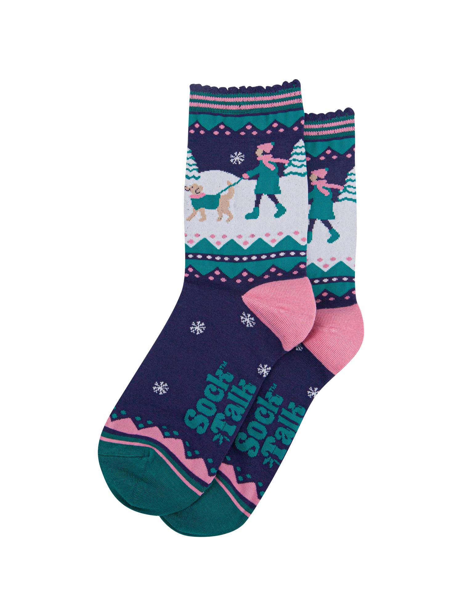 navy blue, pink and teal ankle socks featuring a snowy winter scene with a golden retriever dog taking its owner for a walk
